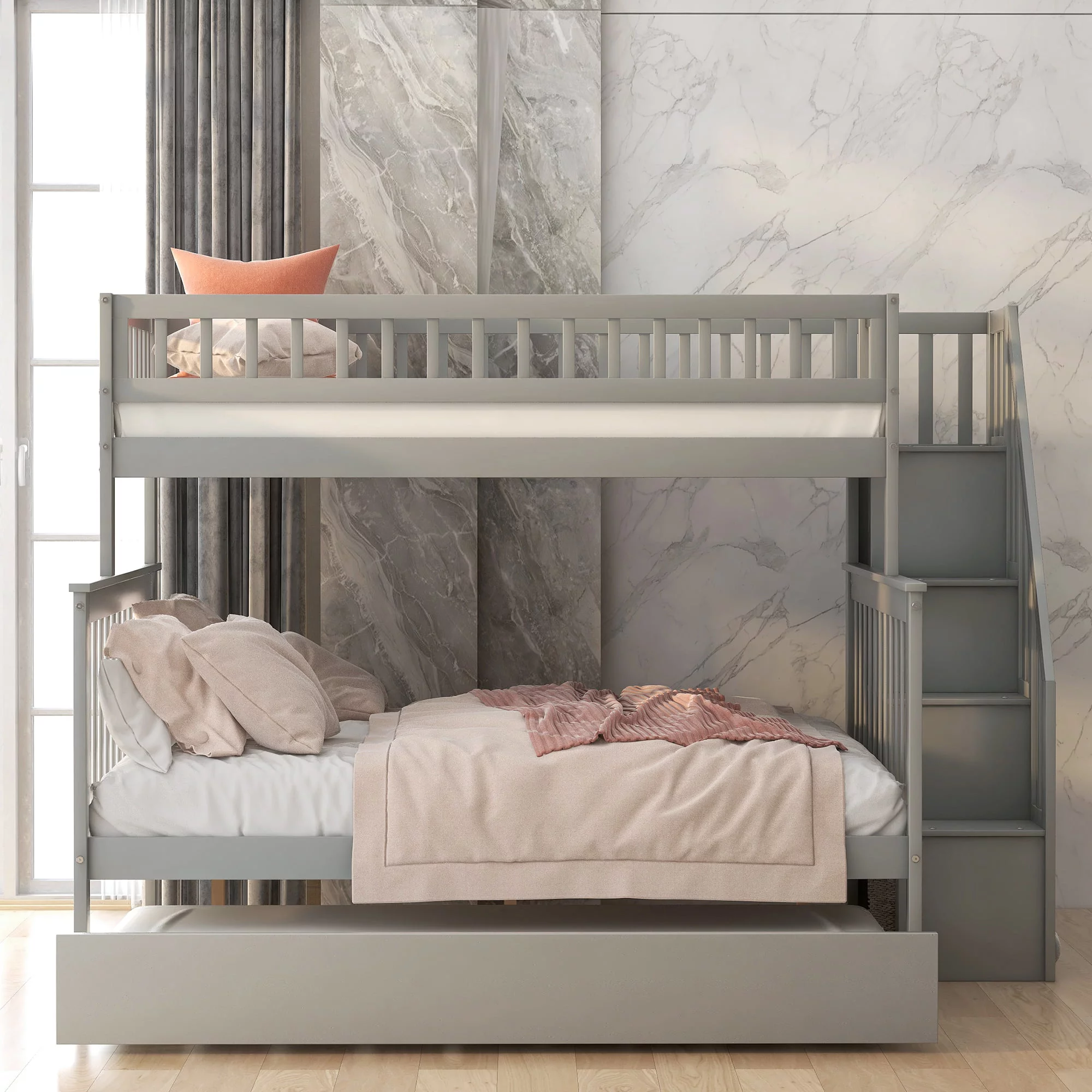 Leadzm Twin over Full Bunk Bed with Trundle and Staircase,Gray - Curated Treasures Market