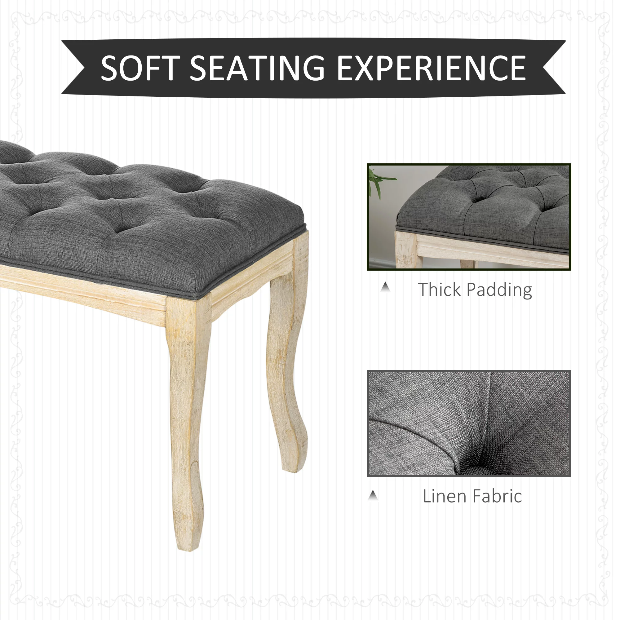 HOMCOM 43' Bedroom Bench, Vintage Style Tufted, Dark Gray - Curated Treasures Market