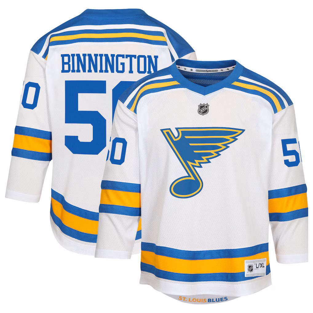 Youth St. Louis Blues Jordan Binnington White Away Replica Player Jersey