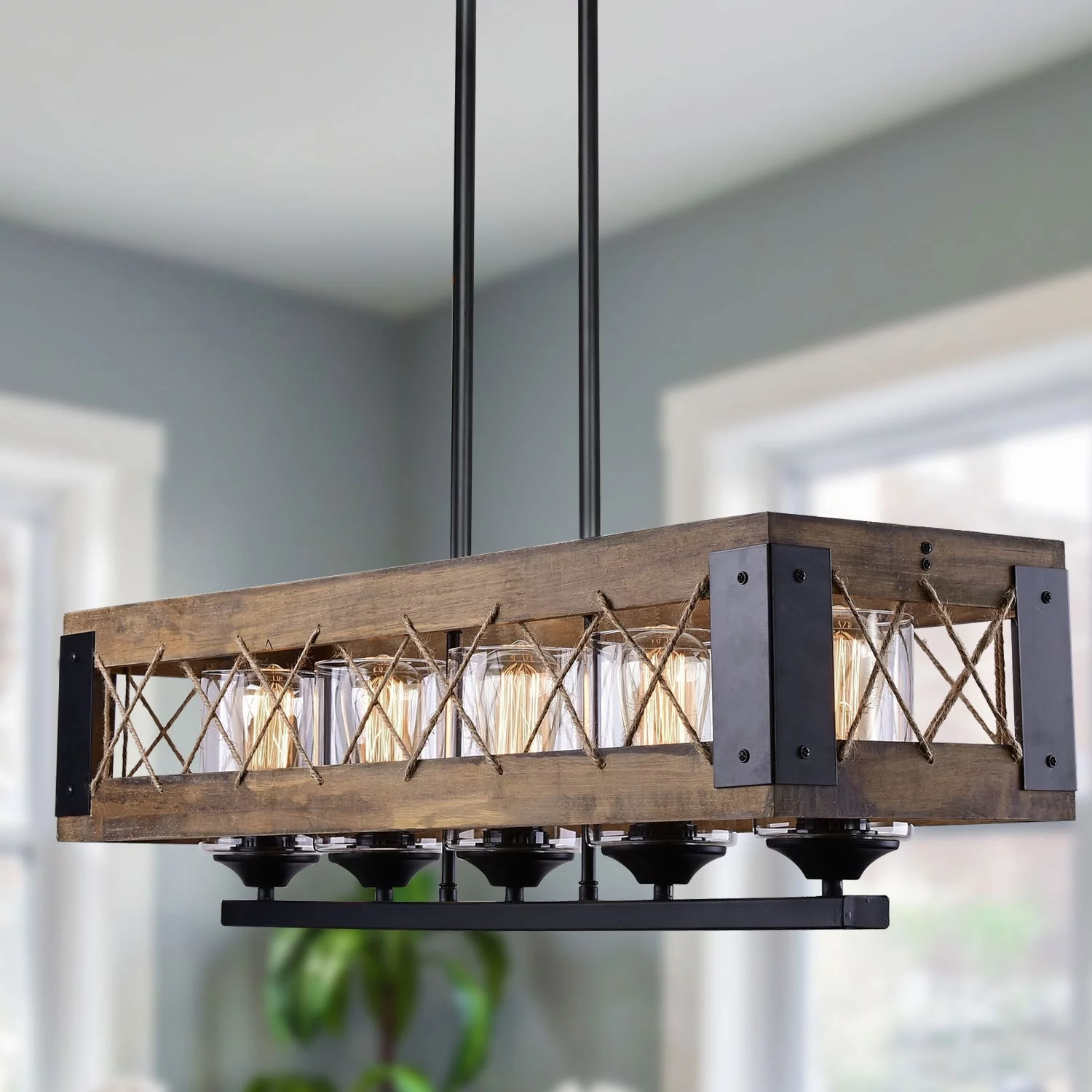 Farmhouse 5-Light Wood Linear Chandelier Island Pendant Lighting for Dining Room 32