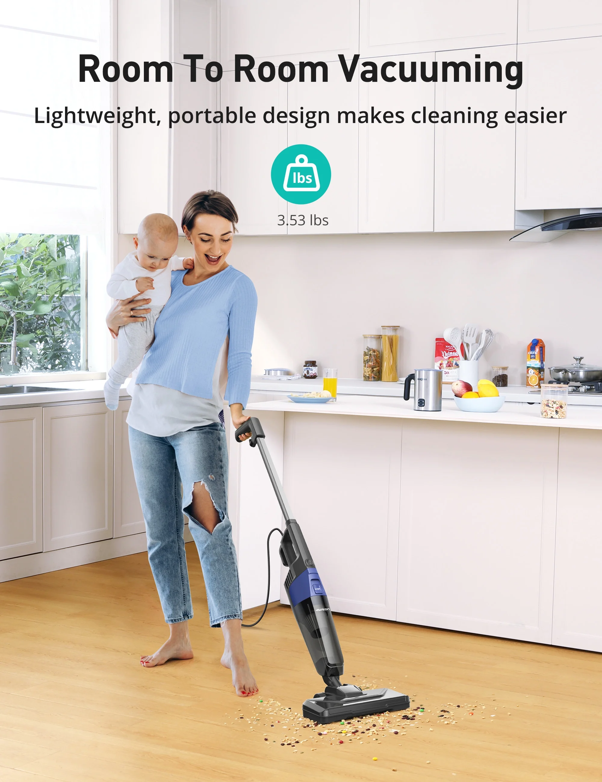Aspiron Stick Vacuum , 600W 20kPa Lightweight Detachable Stick Vac with HEPA Filter for Floor, Carpet, Pet Hair, Shutter, Vehicles (Corded)