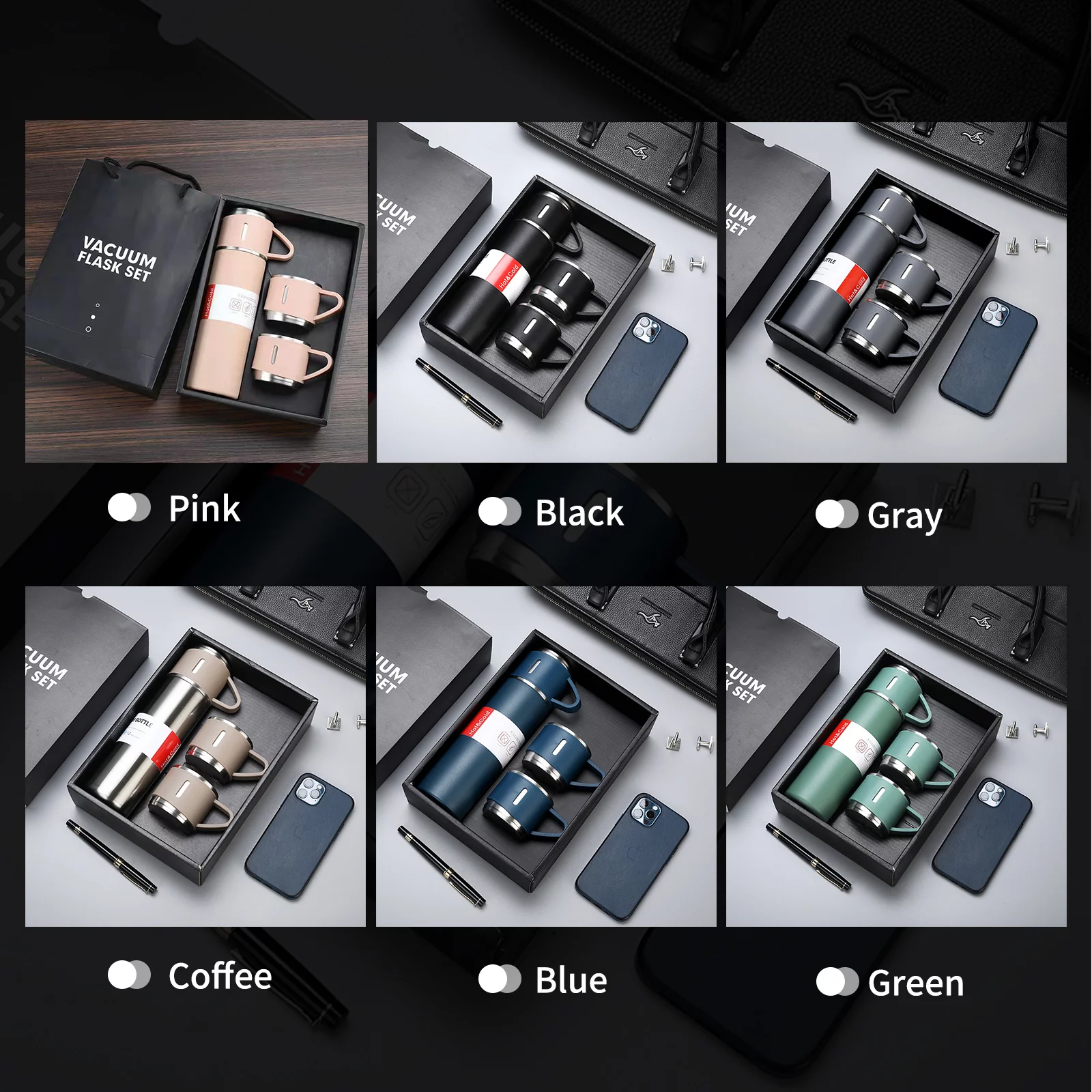 Tomshoo 500mL Insulated Bottle with 2 Extra Cups Stainless Steel Coffee Travel Mug Vacuum Insulation Technology Never Rust or Break Suitable for Gym and Yoga - Curated Treasures Market