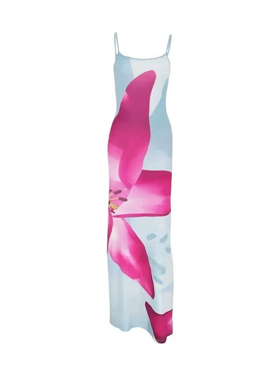 'Flower Bloom' Y2k Beach Vibe Hibscuis Flower Print Midi Dress