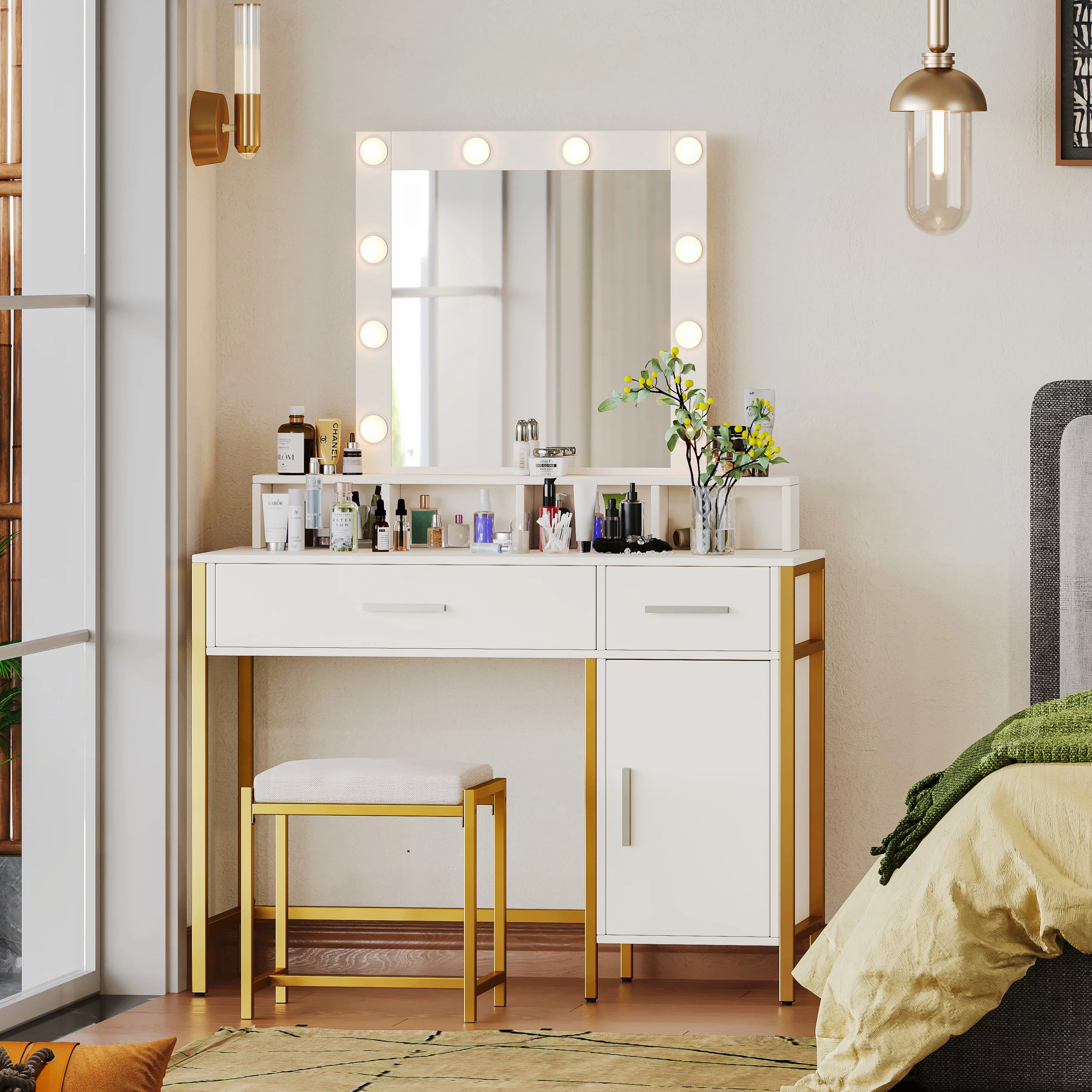 Reettic Vanity Table Set with Lighted Mirror, Makeup Vanity Desk with Storage Cabinet and Drawers, Cushioned Stool, Adjustable Brightness, White RSZT201W - Curated Treasures Market