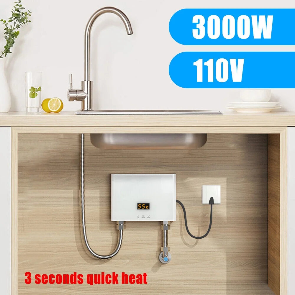 Mini Electric Tankless Water Heater 3000W 110V Constant Temperature Instant Hot Water Heater with Remote Control Digital Display On Demand Hot Water Heater-White - Curated Treasures Market