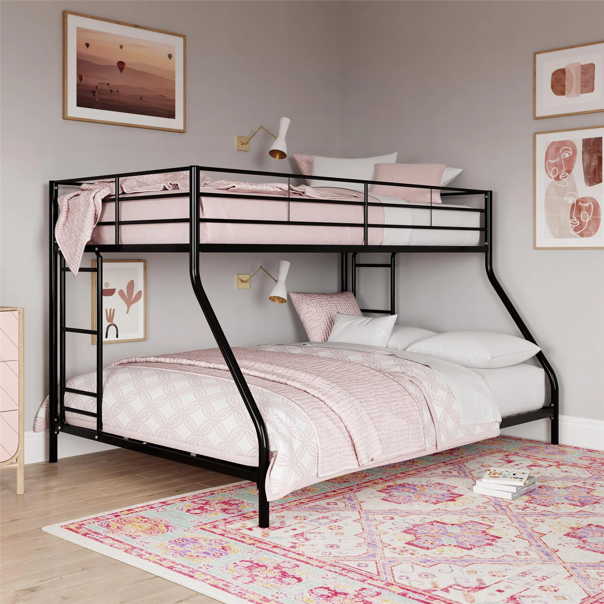 Mainstays Small Space Junior Twin over Full Low Profile Metal Bunk Bed, Black