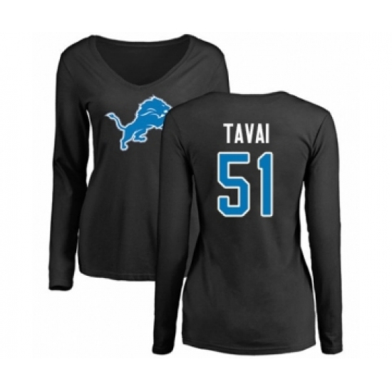Football Women's Detroit Lions #51 Jahlani Tavai Black Name & Number Logo Long Sleeve T-Shirt
