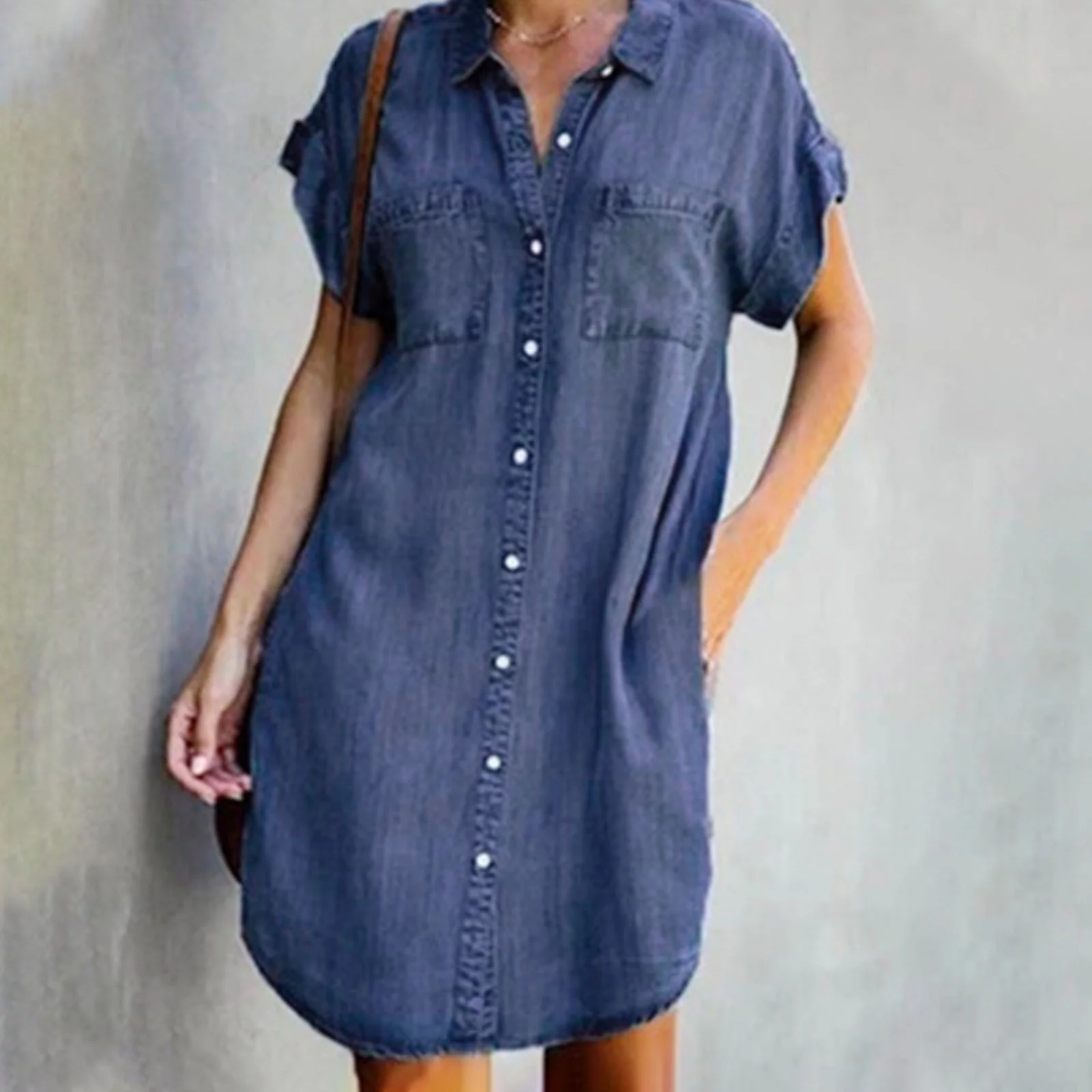 OAVQHLG3B Summer Denim Shirt Dresses for Womens Short Sleeve Loose Jean Midi Dress Button Down Casual Shift Dress Tunic Top - Curated Treasures Market