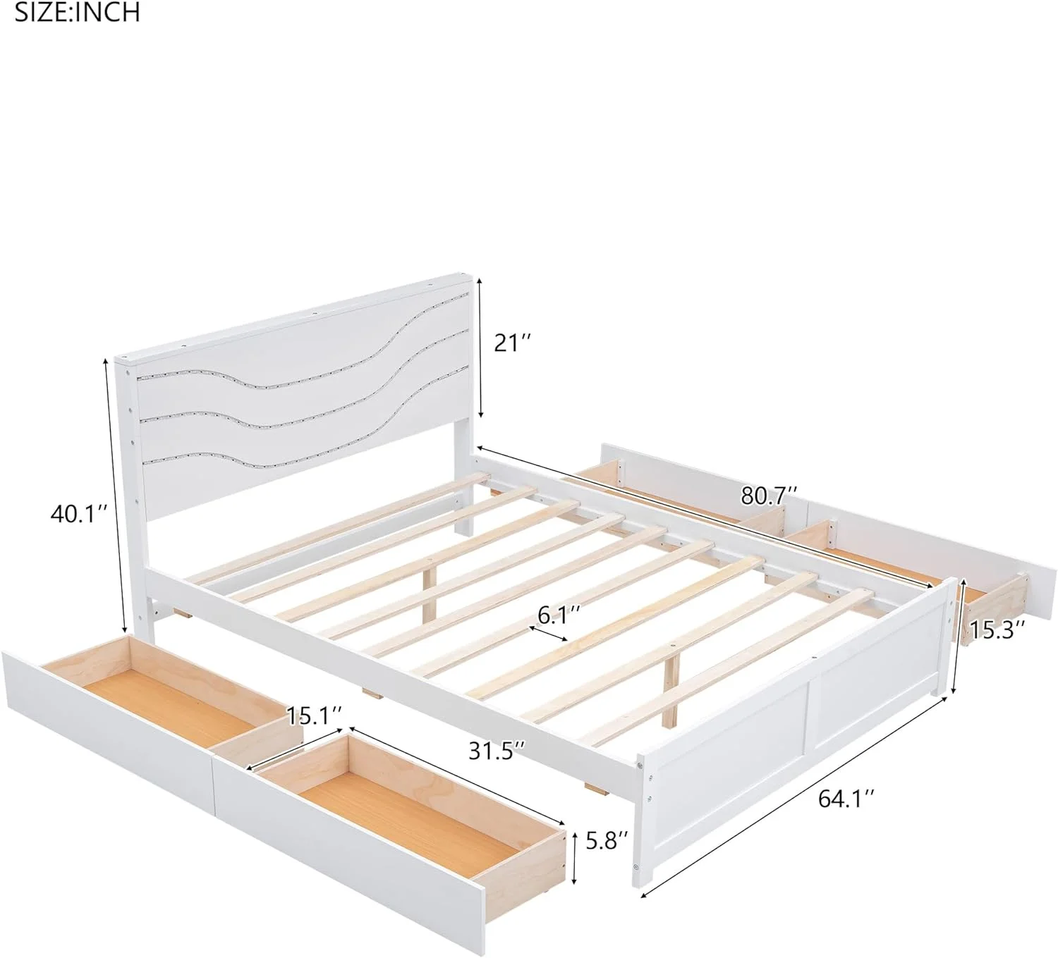 Quee Size Bed Frame With Headboard Ad LED Lights. Wood Platform Bed With 4 Storage Drawers. White