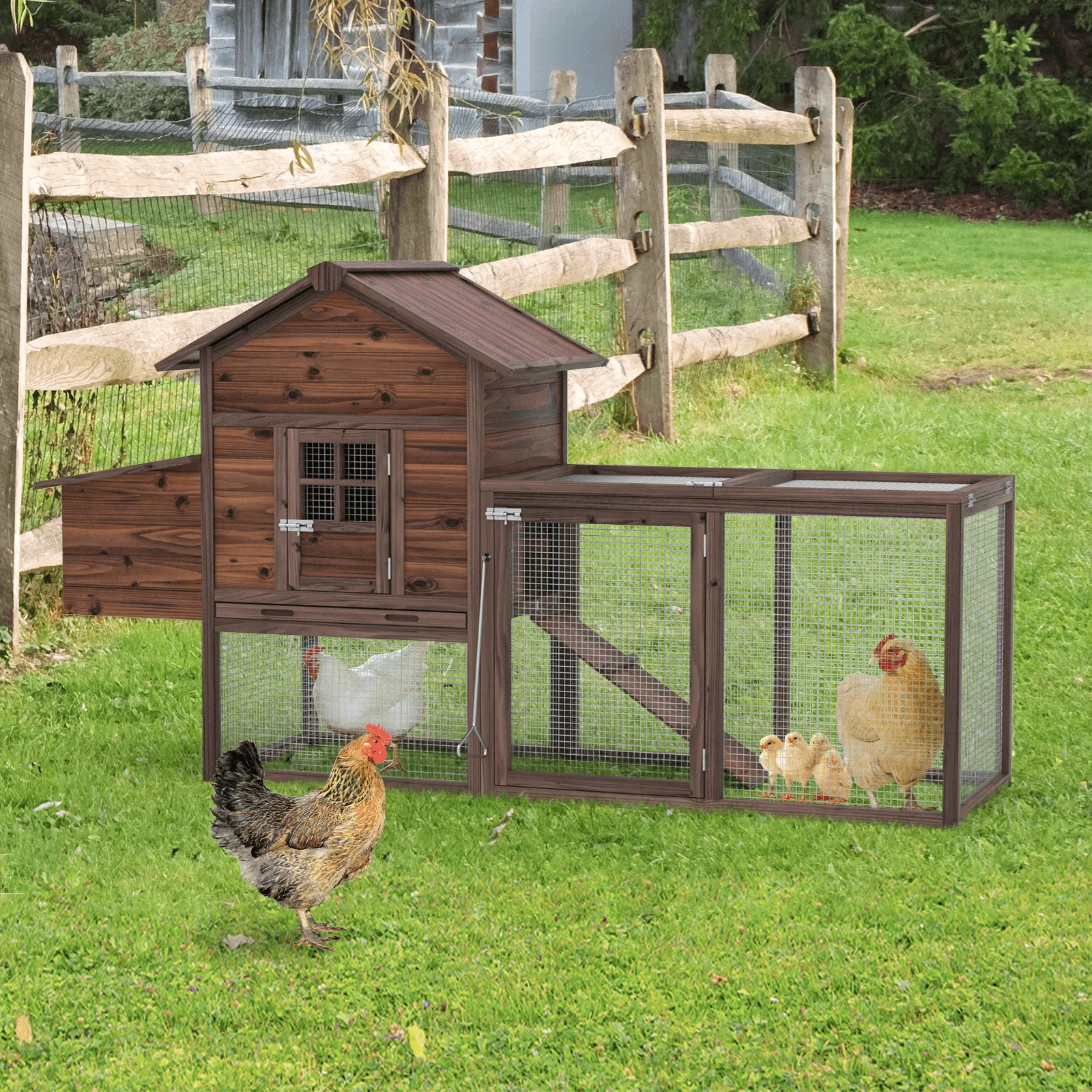 TANGJEAMER Wooden Chicken Coop Large Outdoor Hen House with Nest Box Poultry Cage Rabbit Hutch 80''- Waterproof UV Panel Brown - Curated Treasures Market