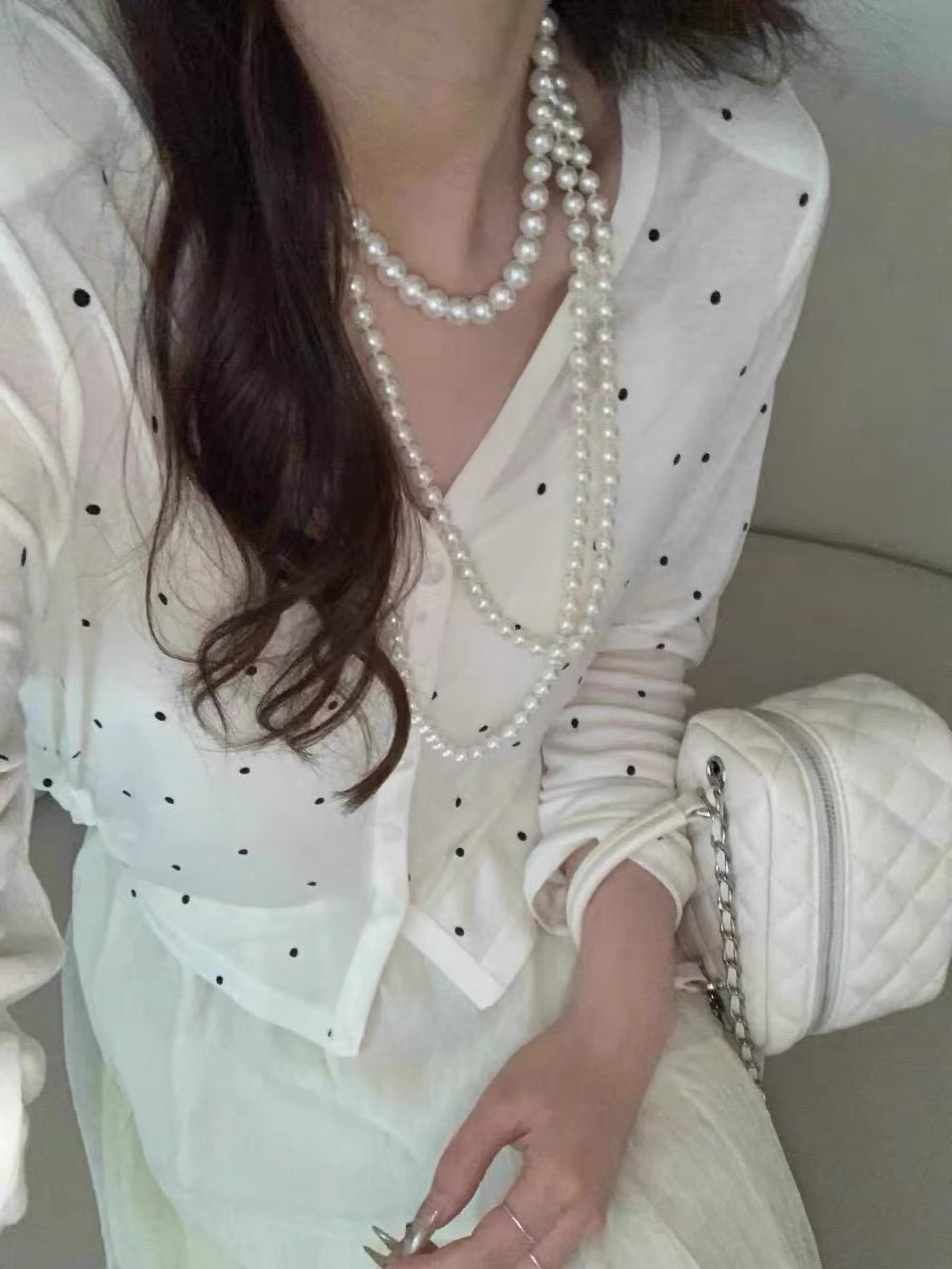 Fine Wool With Shoulder -Shoulder V -Neck Wave Dot Long -Sleeved T -Shirt Women'S Small Shirt Top French Thin Cardigan Bottoming Shirt Spring Spring Creamy-White L - Curated Treasures Market