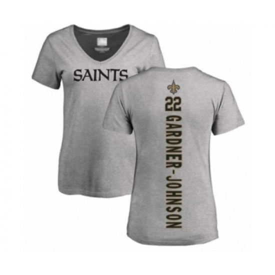 Football Women's New Orleans Saints #22 Chauncey Gardner-Johnson Ash Backer V-Neck T-Shirt