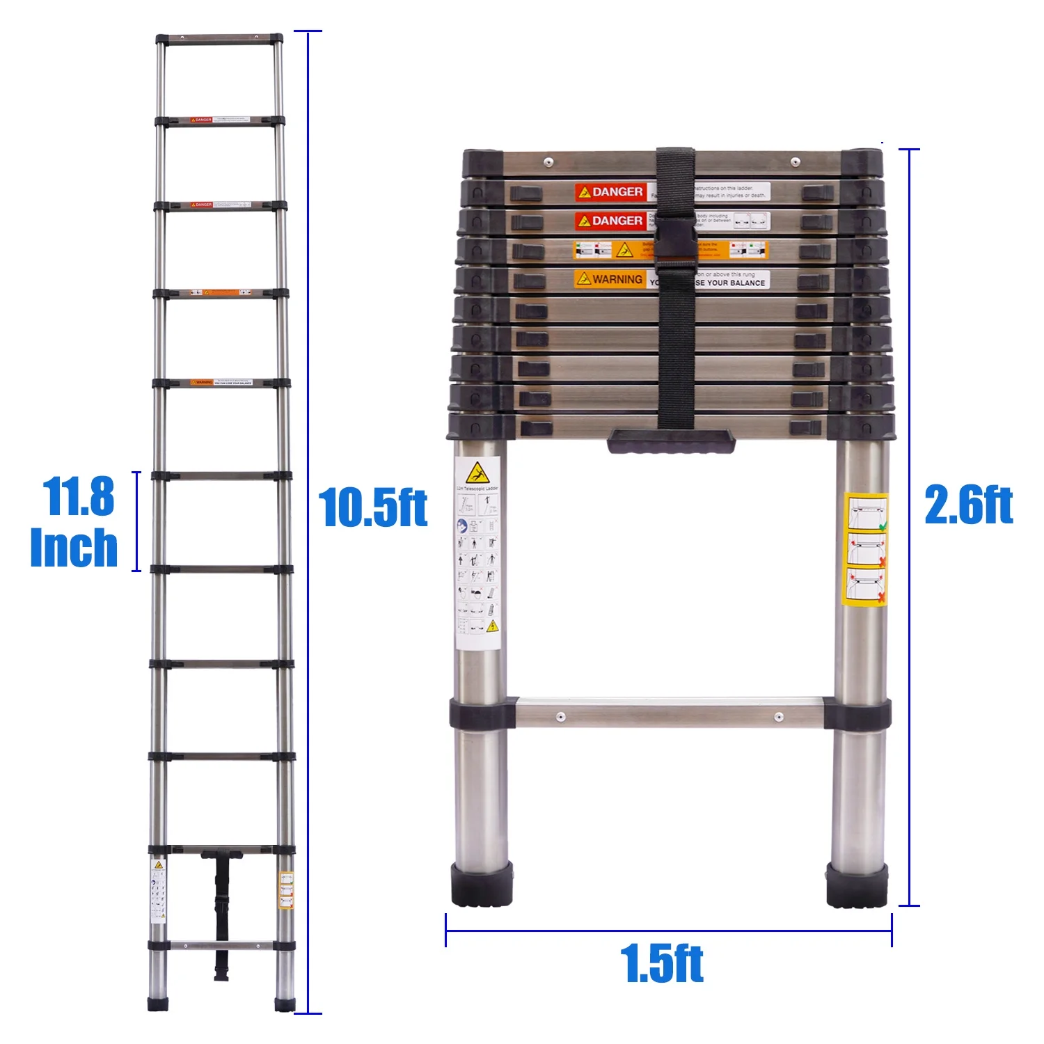 10.5ft Telescoping Ladder Stainless Steel Construction Portable Folding Extension Ladder for Home Office RV Attic Building Maintenance, 330lbs Load Capacity, EN131 Standard, with Slip-Proof Feet - Curated Treasures Market
