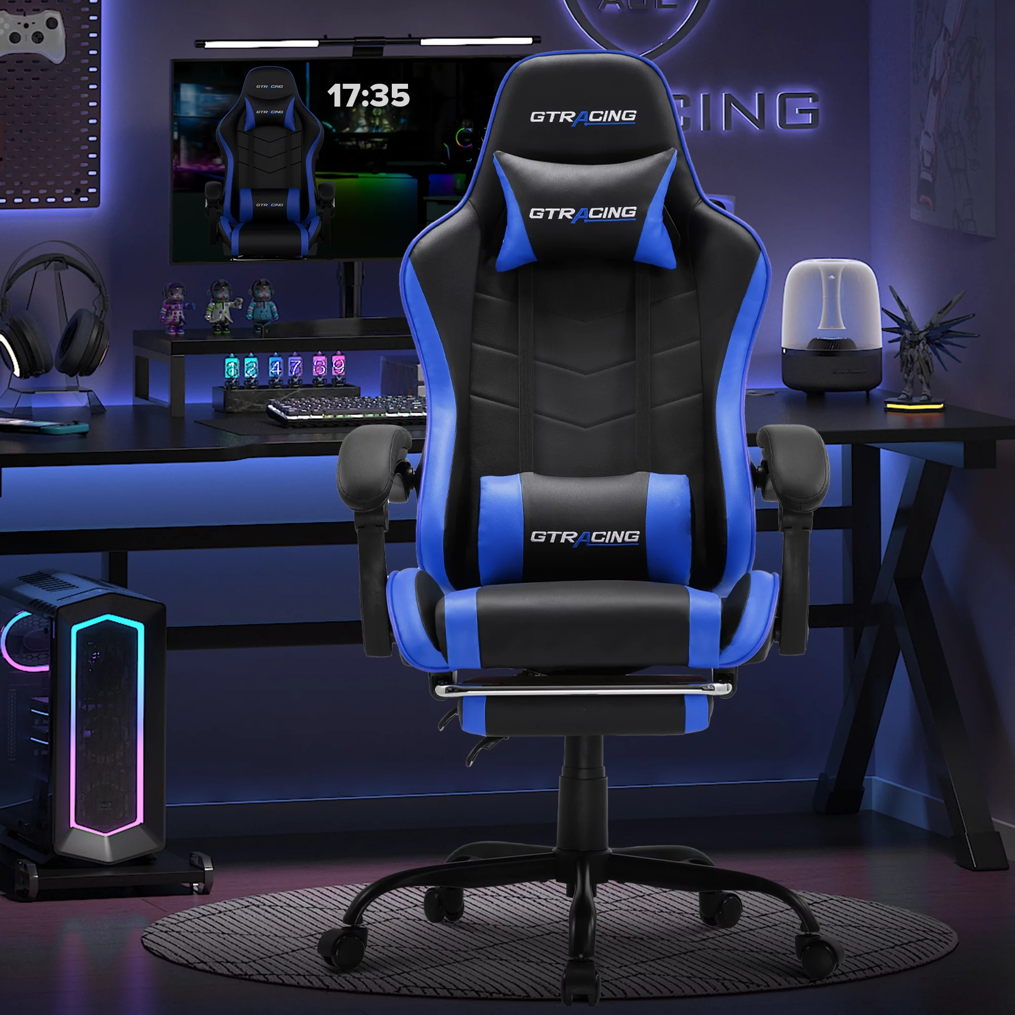 GTRACING GTWD-200 Gaming Chair with Footrest, Height Adjustable Office Swivel Recliner, Blue - Curated Treasures Market