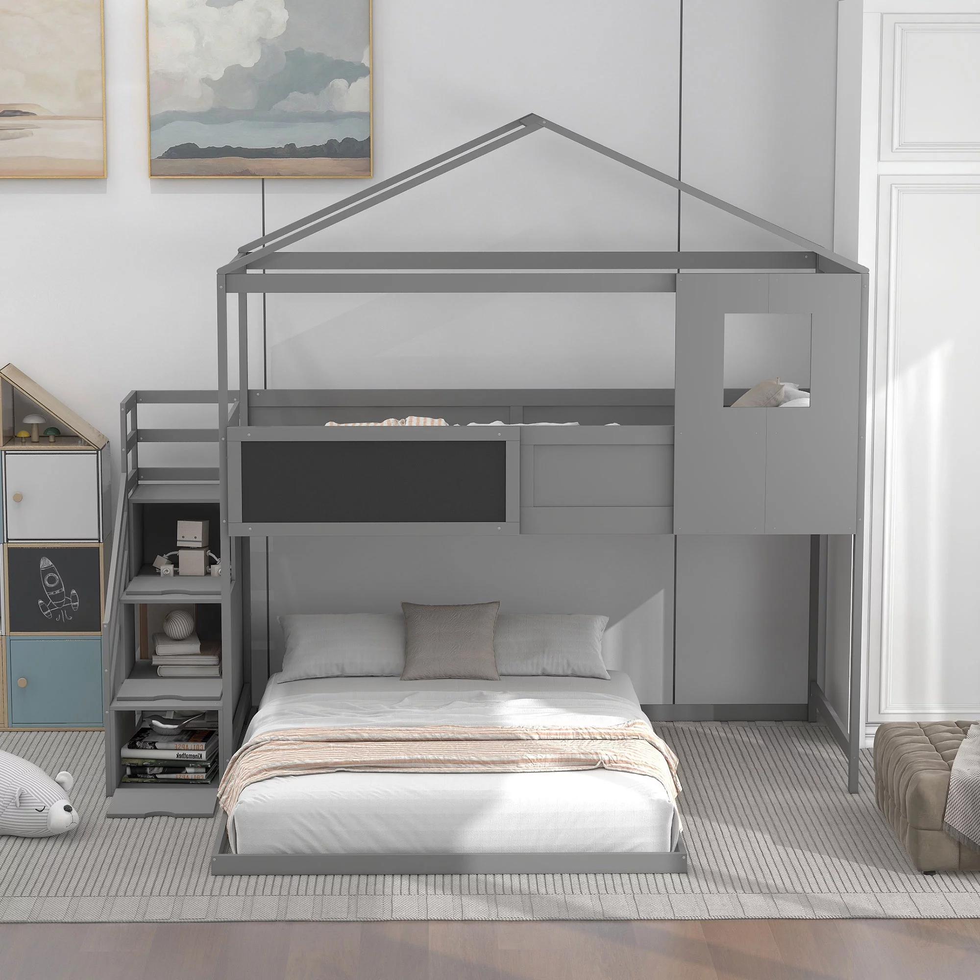 Leadzm Twin over Full House Bunk Bed with Storage Staircase and Blackboard.Grey