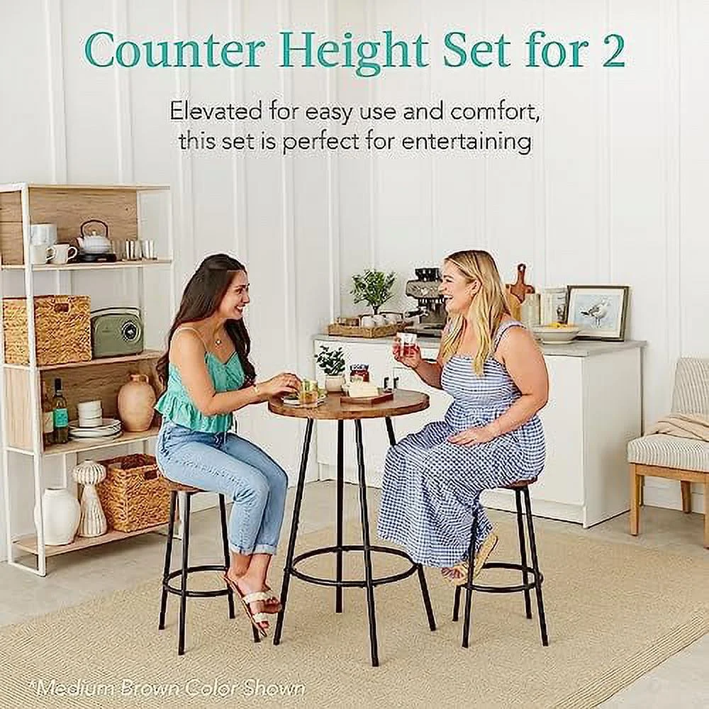 JDZHAPPYLIFE Bistro Dining Set 3 Piece  Modern Round Counter Height Pub Table  Compact High Top with  Stools Pub Dining Set for Kitchen  Breakfast Room - Medium Brown - Curated Treasures Market