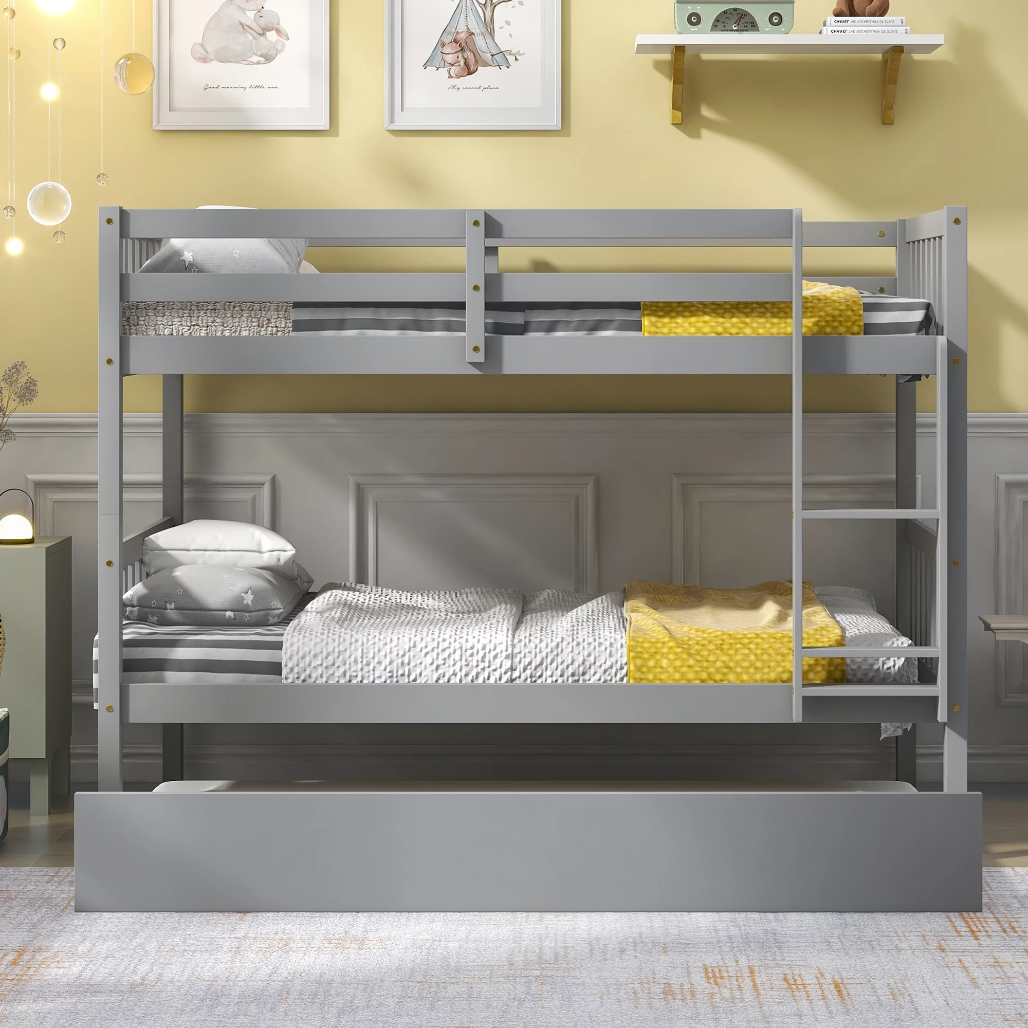 Bellemave Twin over Twin Bunk Bed with Trundle, Convertible Wood Bunk Bed with Ladder and Guardrails for 3 Kids, Teens, No Box Spring Needed (Gray) - Curated Treasures Market