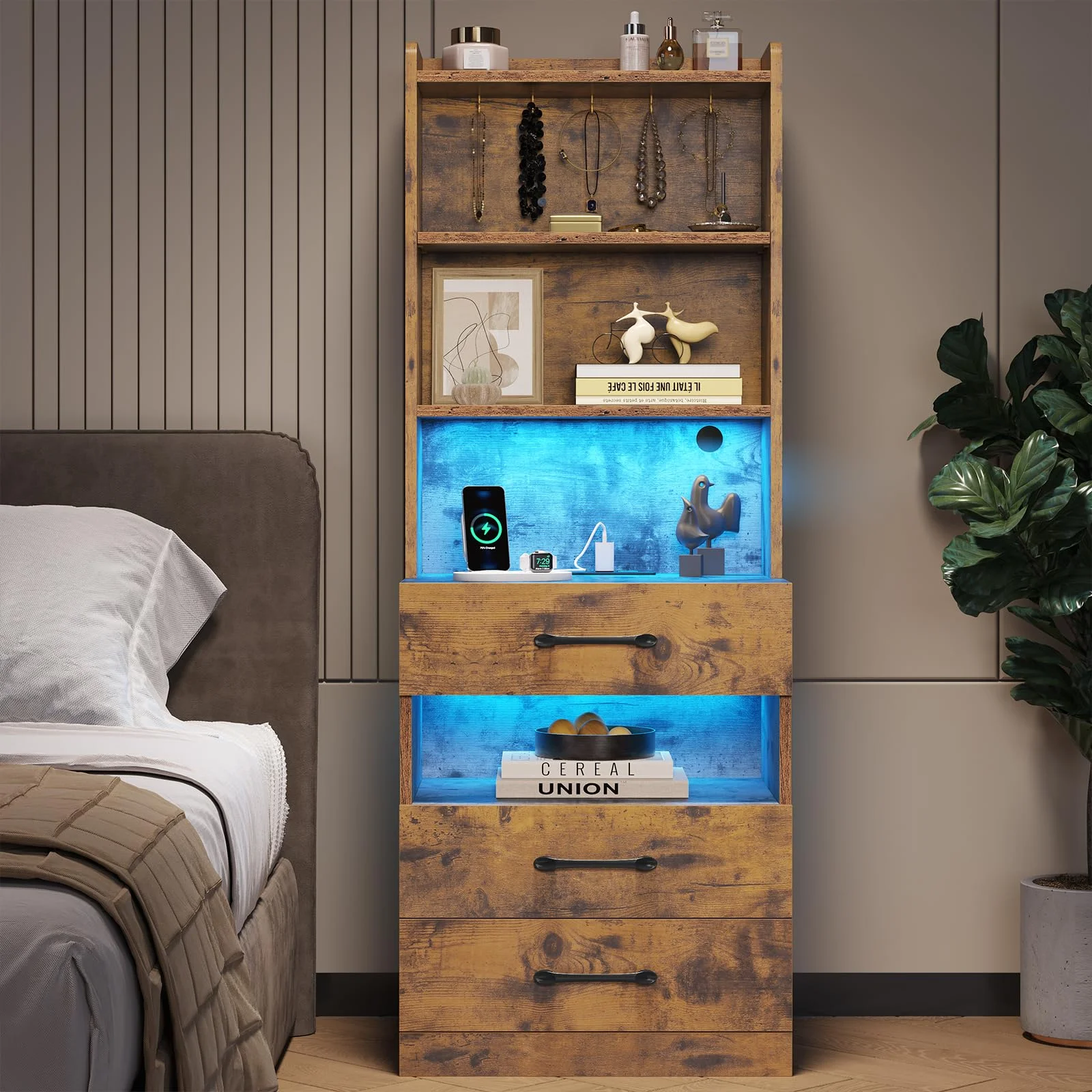 Tall Nightstand Set of 2 with Charging Station and LED Lights, Modern Bedside Table with Bookshelf and 3 Drawers, Rustic Brown - Curated Treasures Market