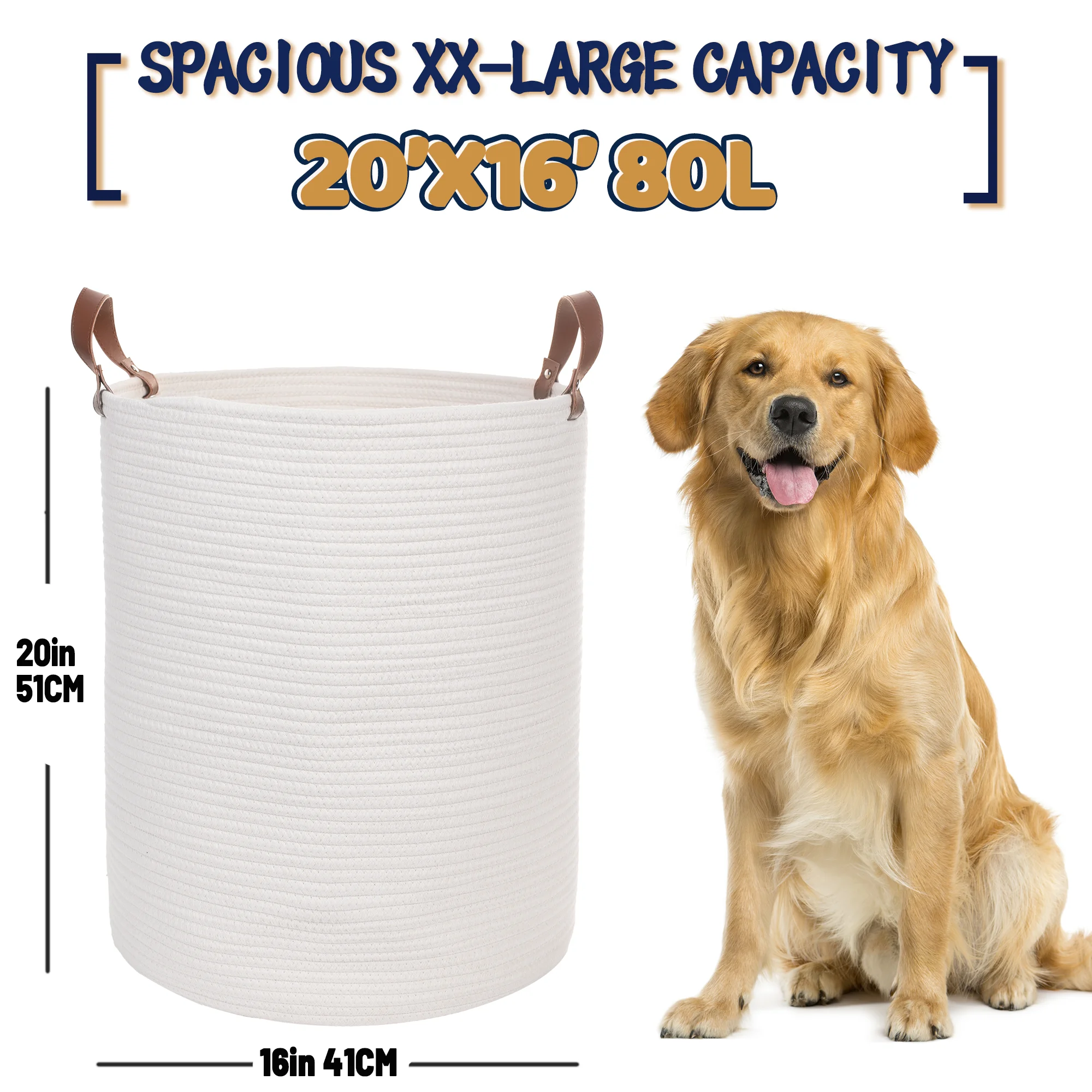 Caroeas XXXL Extra Large Rope Basket, 16''x20'' Woven Storage Basket with Leather Handles, Blanket Basket for Living Room, Tall Nursery Basket, Kids Toy Storage Organizer, White - Curated Treasures Market