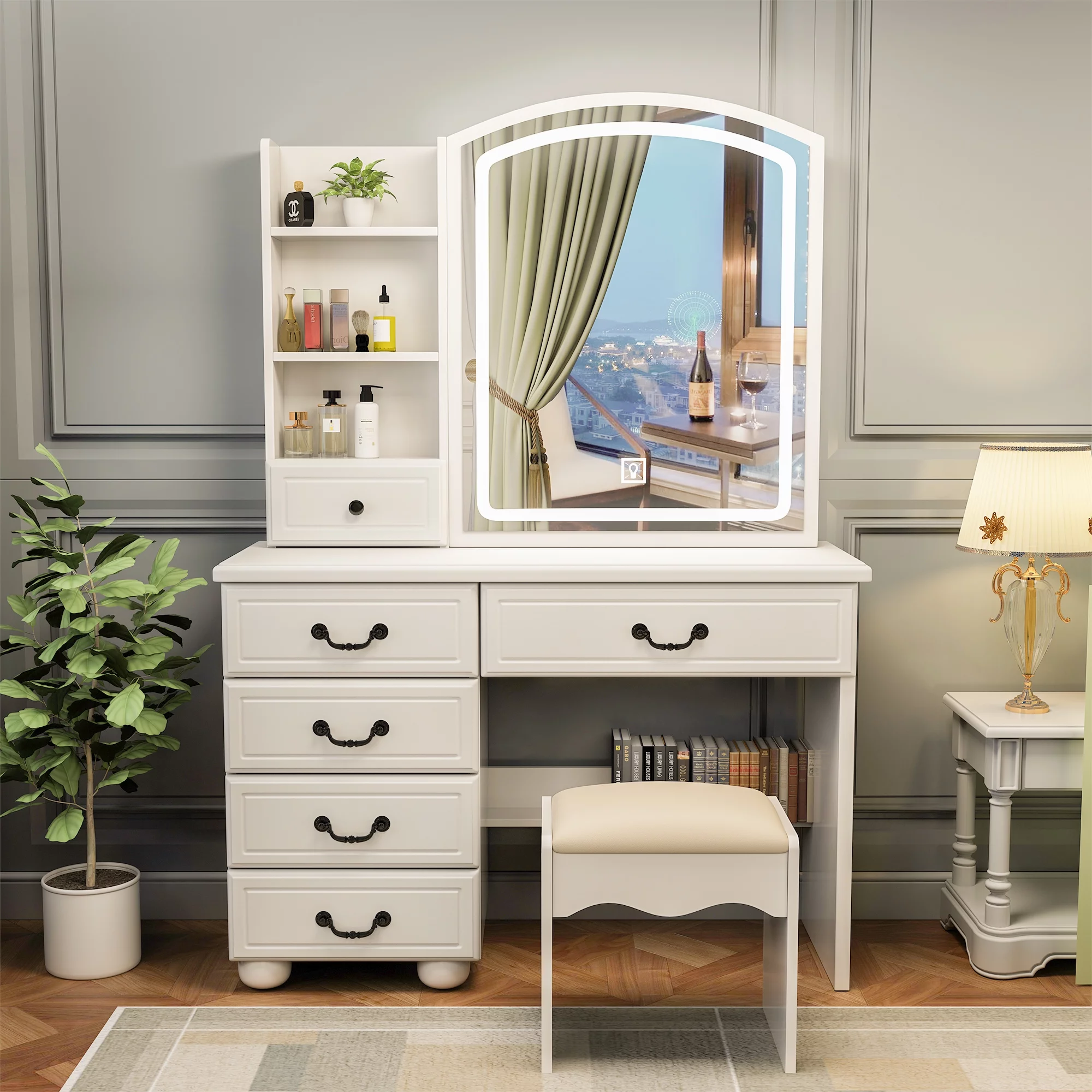 Leavader Vanity Desk with Mirror and Led Lights, Makeup Vanity Table Set with 3 Color Lighting Brightness Adjustable, 6 Drawers, White Color Dress Vanity Table - Curated Treasures Market