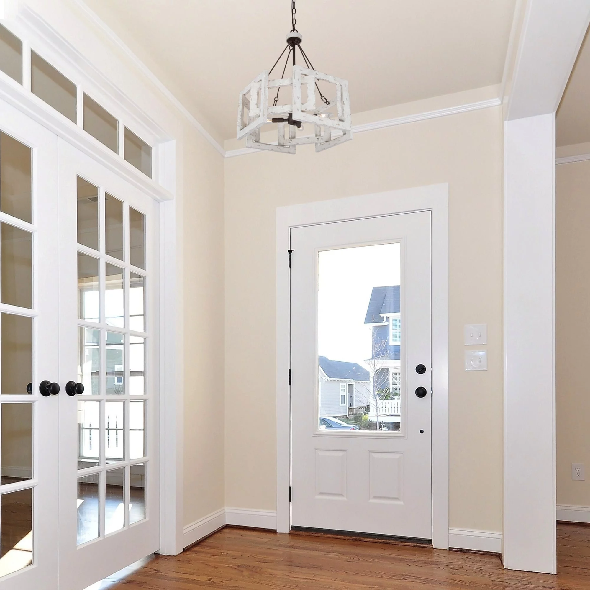 Coastal Rustic 4-light Drum Kitchen Island Chandelier Cottage Wood Ceiling Lights Dining Room Foyer - D 20'' x H 83.5''