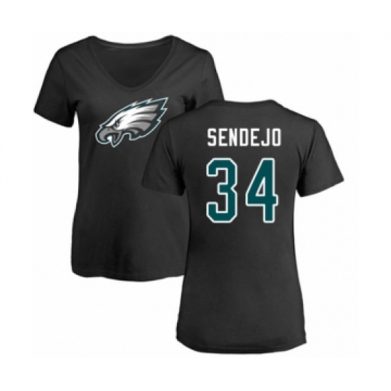 Women's Philadelphia Eagles #34 Andrew Sendejo Black Name & Number Logo Slim Fit T-Shirt
