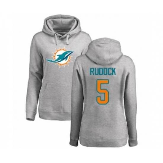 Football Women's Miami Dolphins #5 Jake Rudock Ash Name & Number Logo Pullover Hoodie