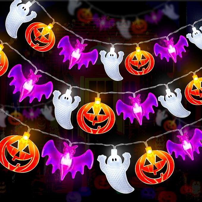 2 Pack Halloween Lights Outdoor Indoor Decorations Total 40FT 60 LED Pumpkin Bat Spider Halloween String Lights Battery Operated, 8 Modes Waterproof Cute Fairy Lights for Home Office Outside Decor - Curated Treasures Market