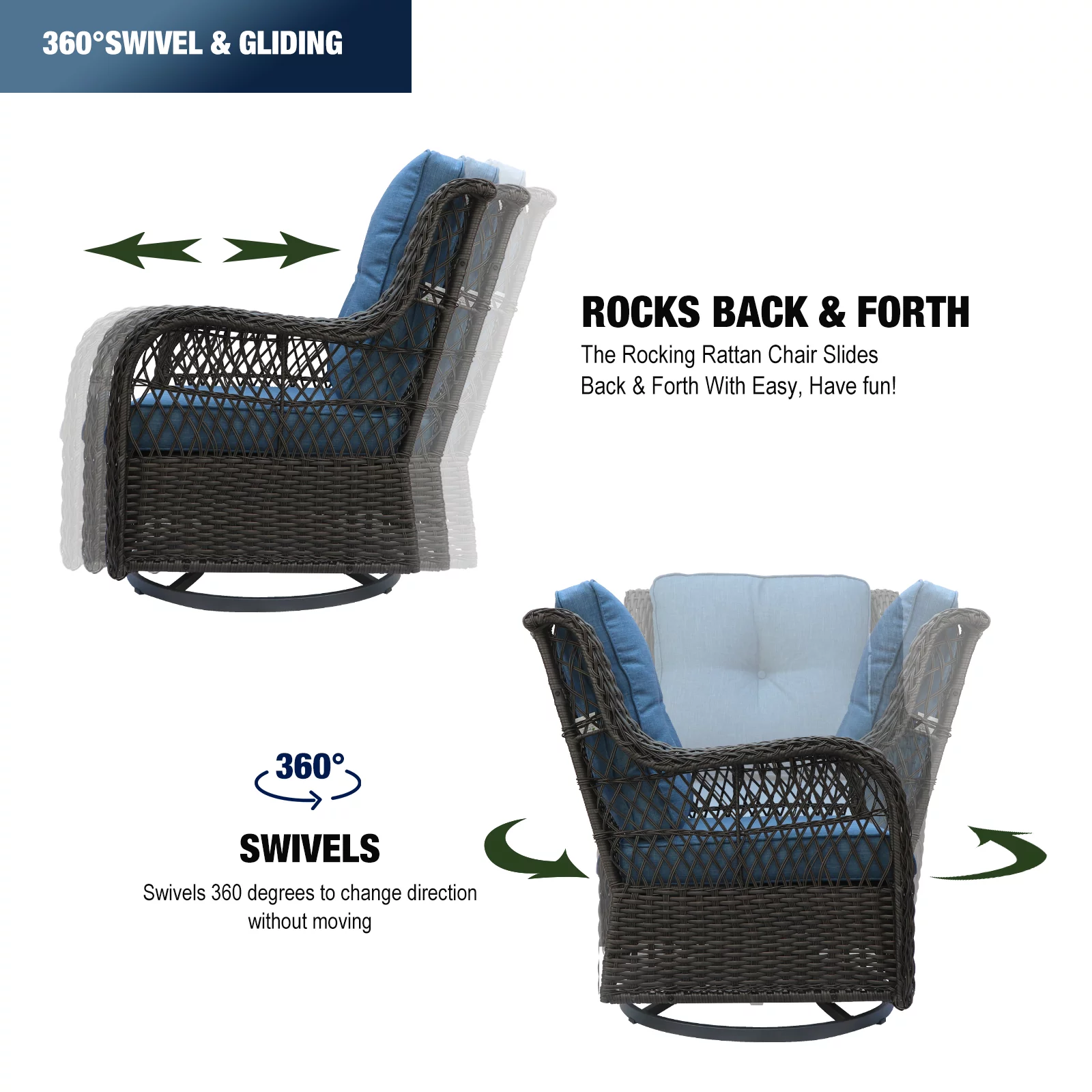 EURO SAKURA 3 PCS Outdoor Wicker Swivel Rocker Patio Set,360 Degree Swivel Rocking Rattan Chairs Patio Wicker Bistro Sets - Curated Treasures Market