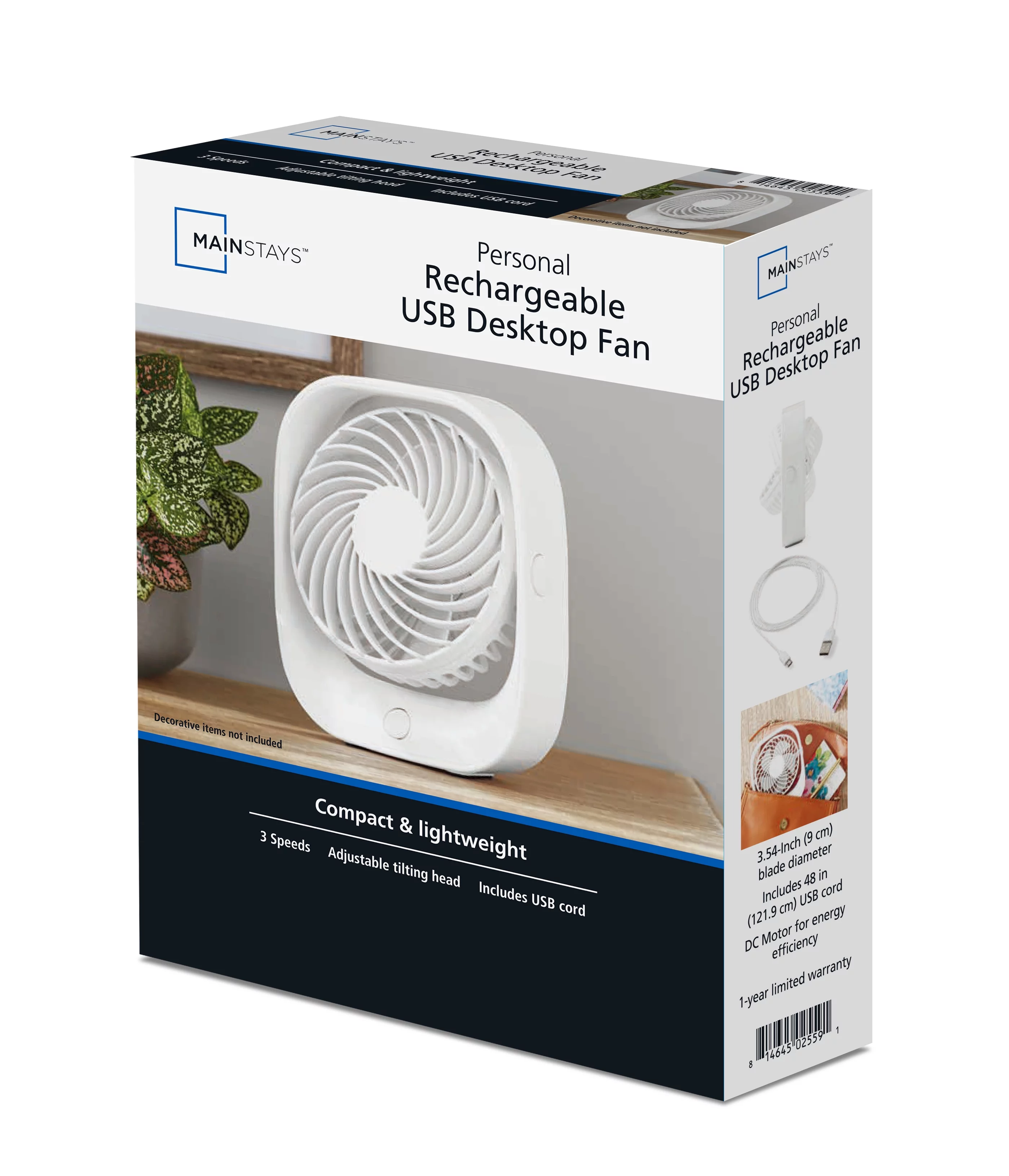 Mainstays Personal Rechargeable USB Portable Tabletop Fan in Black, Head Swivels Vertically