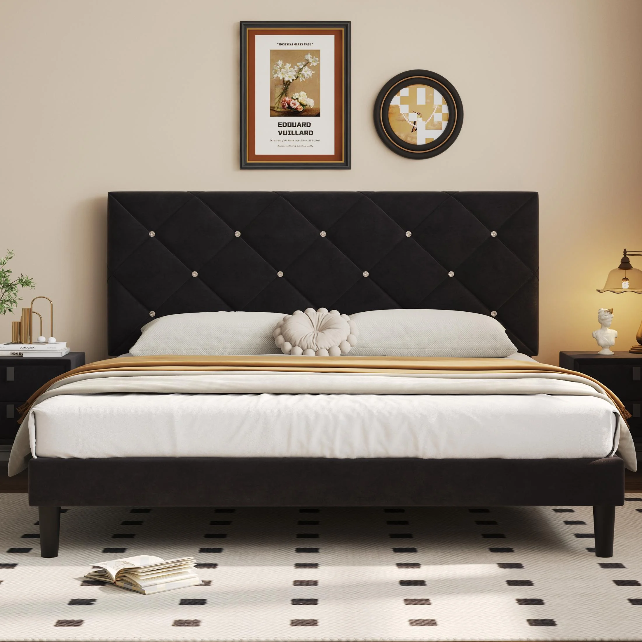 Sesslife Black Platform Bed Frame, Queen Size Upholstered Platform with Headboard and Strong Wooden Slats, No Box Spring Needed, Easy Assembly