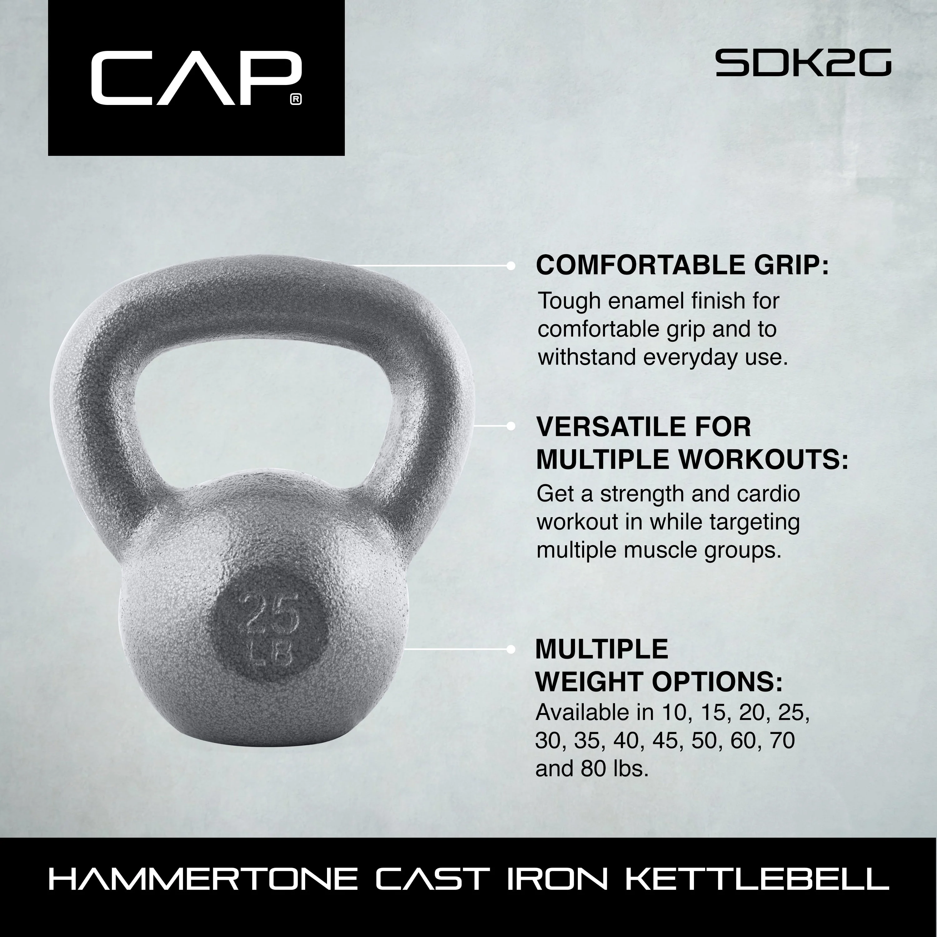 CAP Barbell Cast Iron Kettlebell, Single, 10-80 Pounds