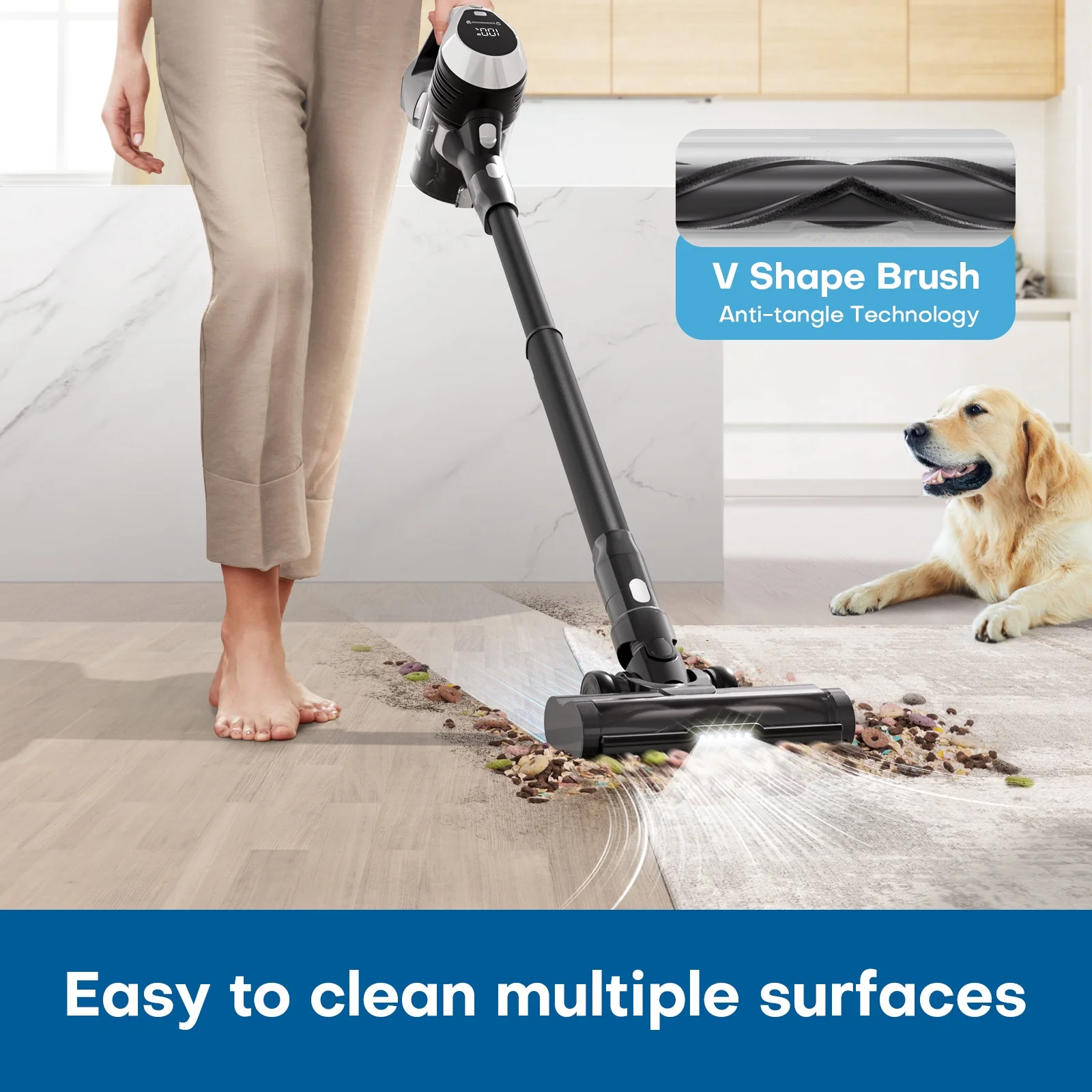 MOOSOO TC1 Cordless Vacuum with V Shape Anti-Tangle Brush, 25Kpa Powerful Stick Vacuum Cleaner for Pet Hair Hard Floor Carpet