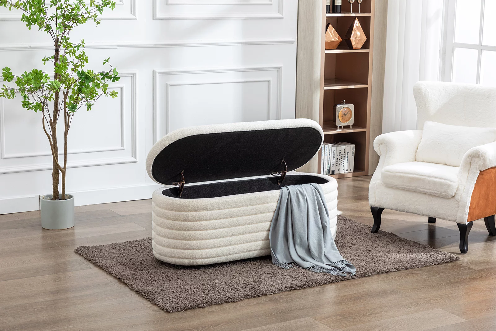 Guyou Storage Ottoman Bench, Upholstered Faux Fur Modern End of Bed Stool Entryway Bench with Safety Hinges for Bedroom Living Room Hallway, White - Curated Treasures Market