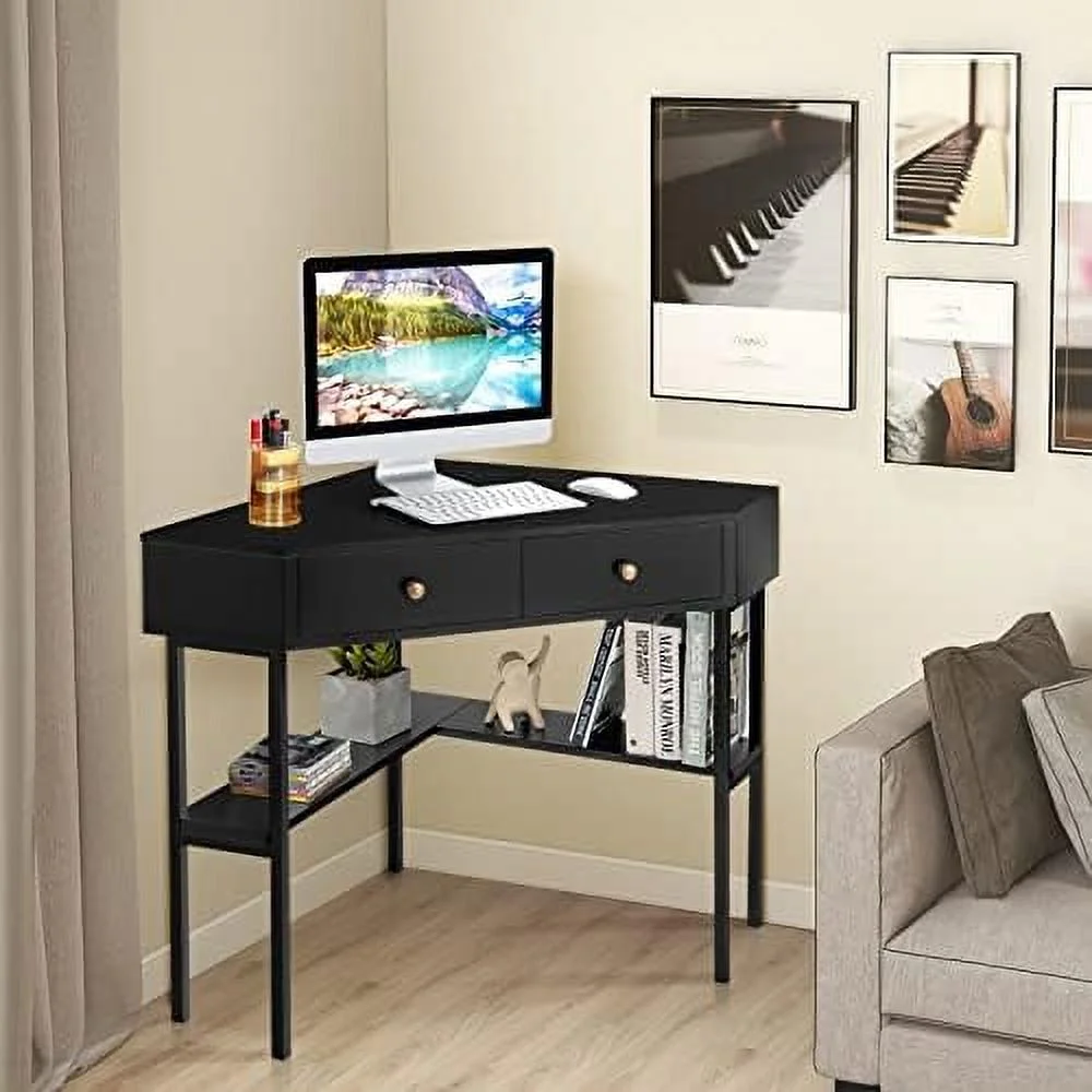 FDXCKJP Corner Desk with Drawers  90 Degrees Triangle Desk w/ Shelves and Metal Frame  Corner Writing Desk  Corner  Vanity Table  Small Corner Desks for Small Spaces (White) - Curated Treasures Market