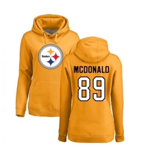 Football Women's Pittsburgh Steelers #89 Vance McDonald Gold Name & Number Logo Pullover Hoodie