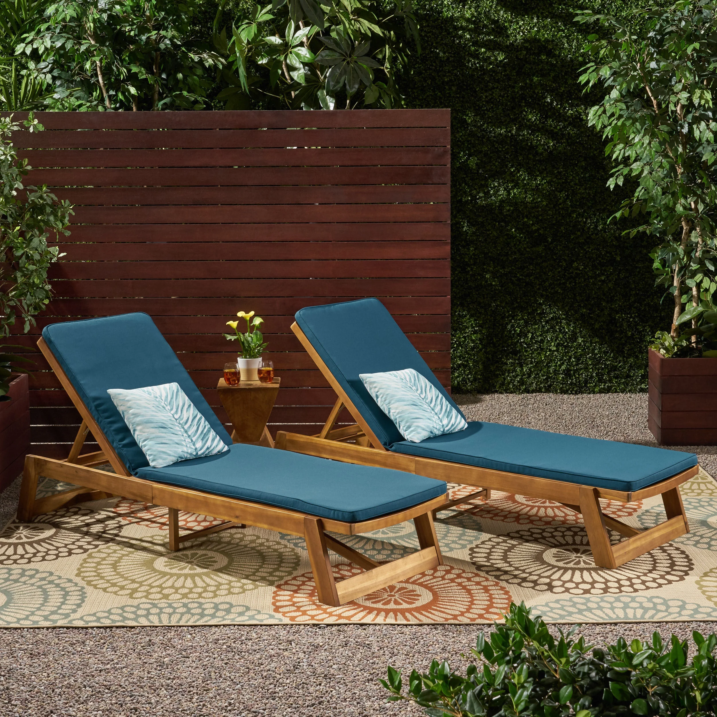 GDF Studio Lillian Outdoor Acacia Wood Armless Adjustable Chaise Lounges with Cushion, Set of 2, Teak and Blue - Curated Treasures Market