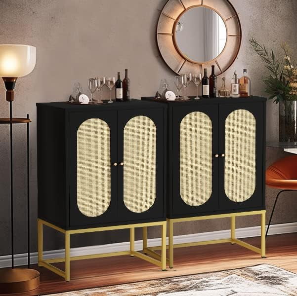 JYHOME Rattan Cabinet 2 Door Sideboard Buffet Cupboard Accent High Cabinet with Natural Rattan Free Standing Bookmatch Adjustable Shelves Easy Assembly Rustic Oak Beige (LRC-ob) - Curated Treasures Market