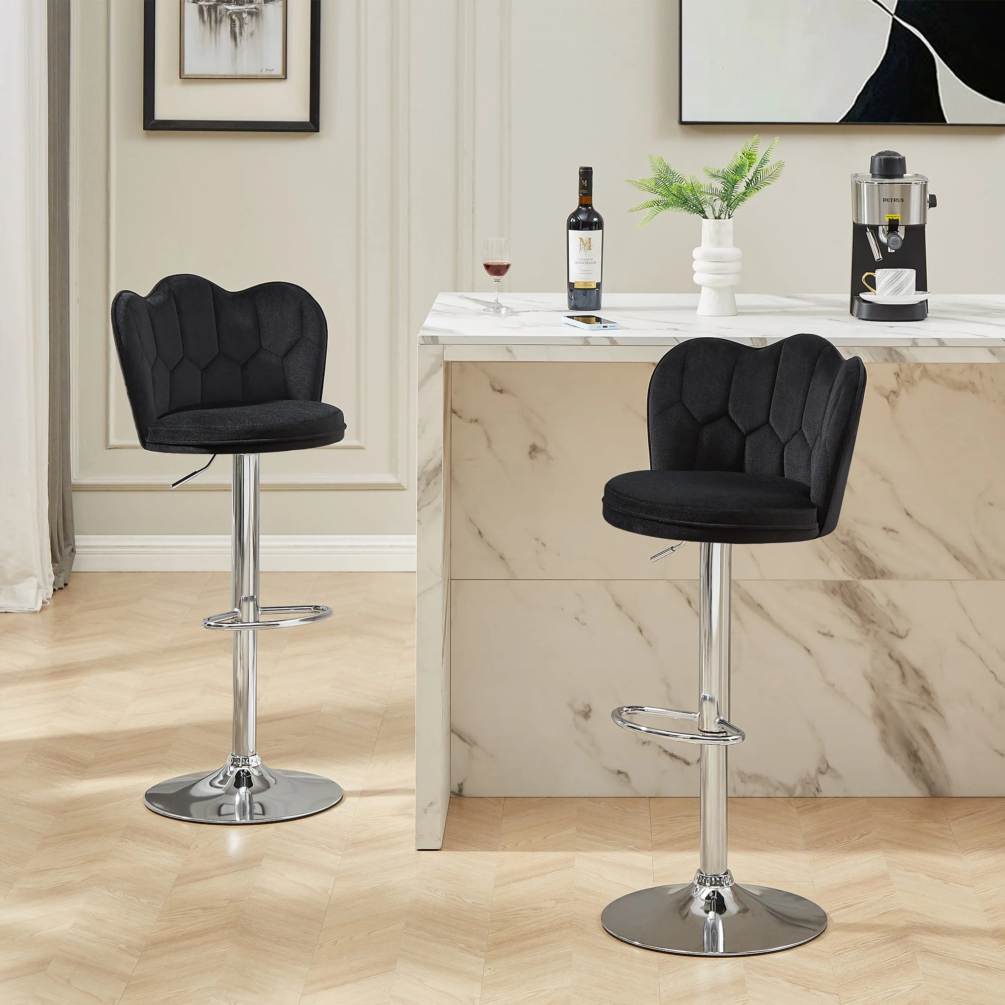 VECELO Bar Stools Set of 4, Modern Velvet Adjustable Barstools with Petal Backs and Footrest, Counter Height Swivel Stool Chairs for Home Bar/Kitchen/Dining Bar, Black - Curated Treasures Market