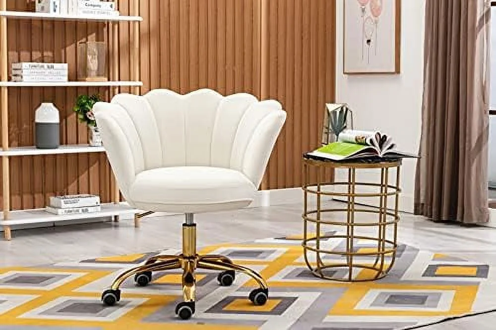 TJCGDTY Comfy Home Office Task Chair with Wheels  Cute Modern Upholstered Velvet Seashell Back Adjustable Swivel Vanity Desk Chair  for Women  for   for Girls  Living Room  Bedroom (White - Curated Treasures Market