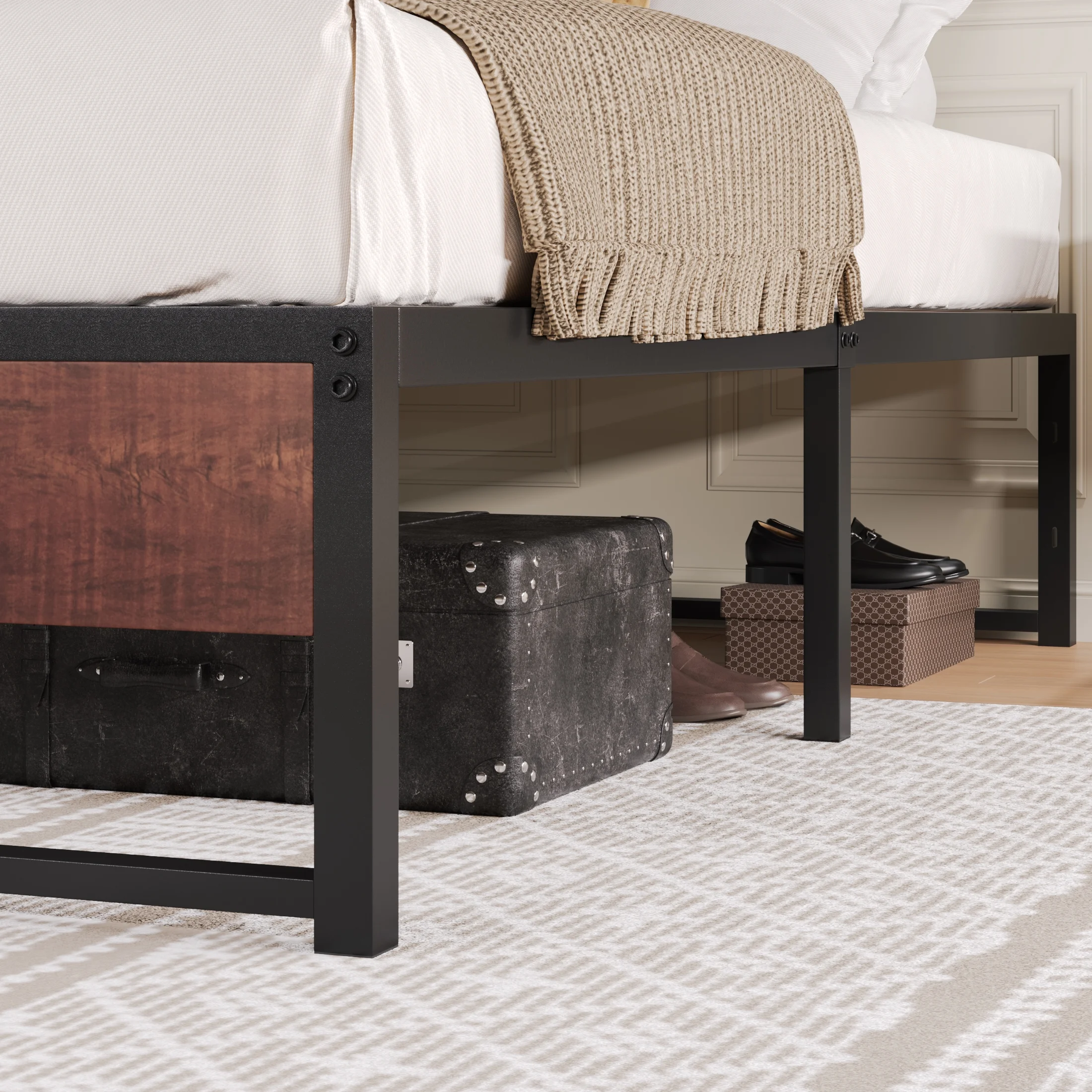 Sha Cerlin Brown King Size Metal Platform Bed Frame with Underbed Storage & Wood Board, Mattress Foundation, Adult