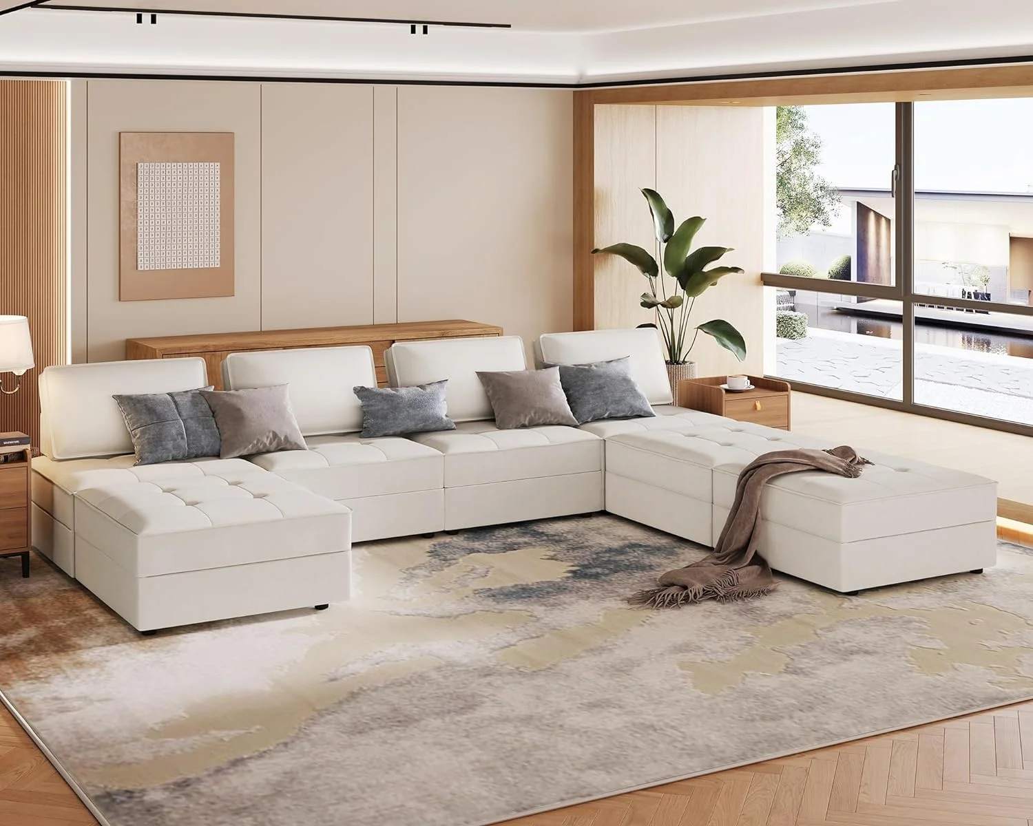 PaPaJet Sectional Sofa, 7 Seater Couch- Convertible U Shaped Sectional Sofa for Living Room(Velvet,Beige) - Curated Treasures Market