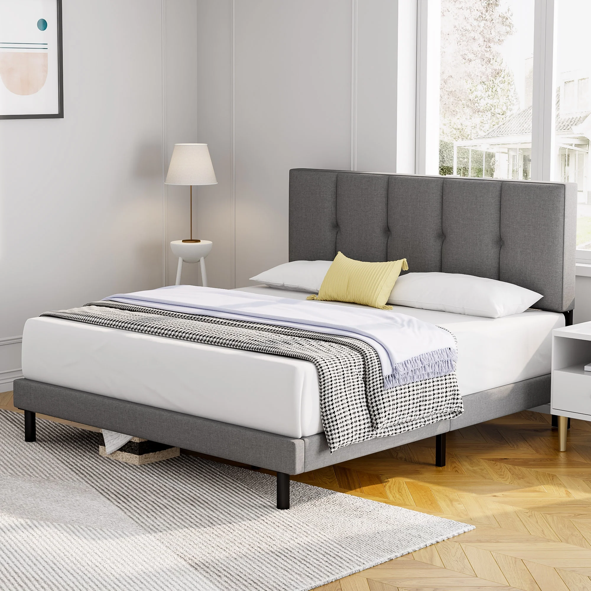 Full Bed Frame, HAIIDE Full Size Bed Frame with Upholstered Headboard and Strong Wooden Slats, Dark Grey