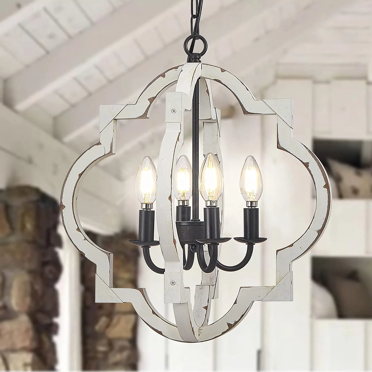 FJU Chandeliers with 4 Lights Dining Room Ceiling Light Fixture Over Table Black and White Ceiling Pendant Lights Kitchen Island for entryway Bedroom Farmhouse Living Room Hallway