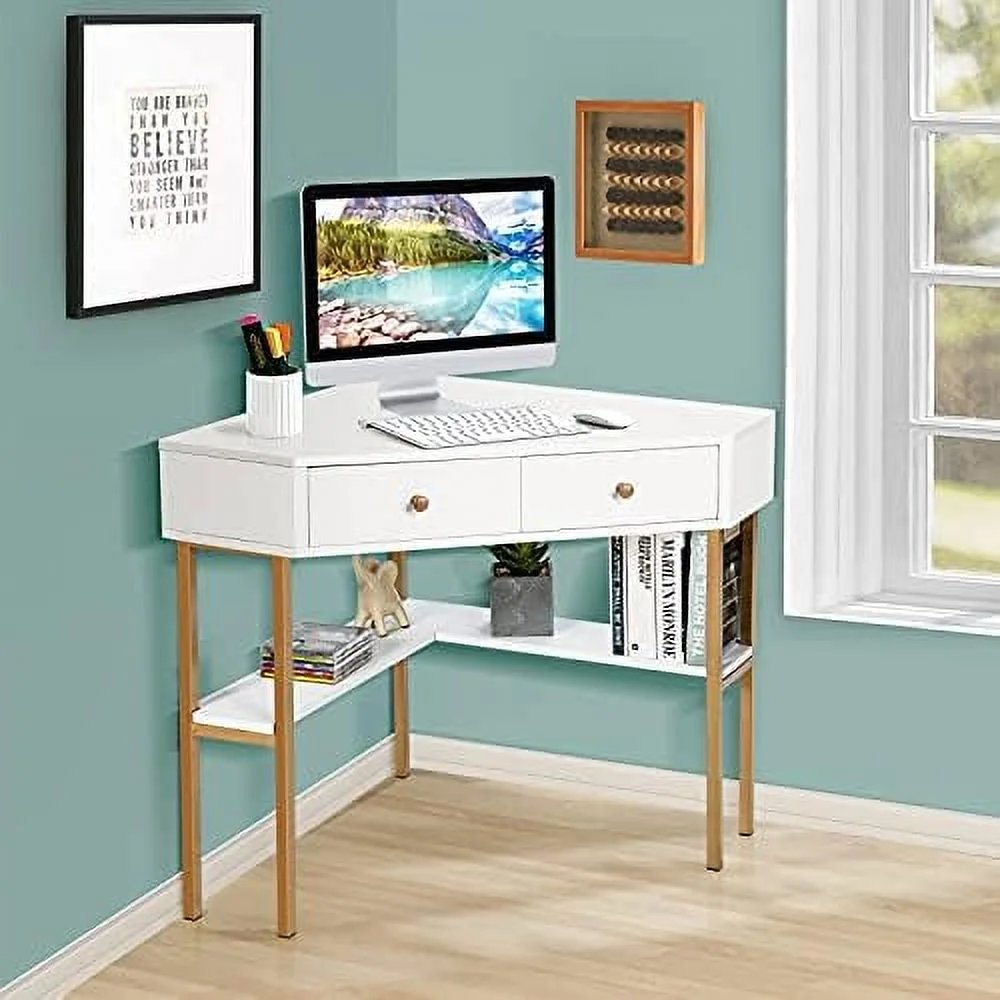 CGFHYP Corner Desk with Drawers  90 Degrees Triangle Desk w/ Shelves and Metal Frame  Corner Writing Desk  Corner  Vanity Table  Small Corner Desks for Small Spaces (White) - Curated Treasures Market