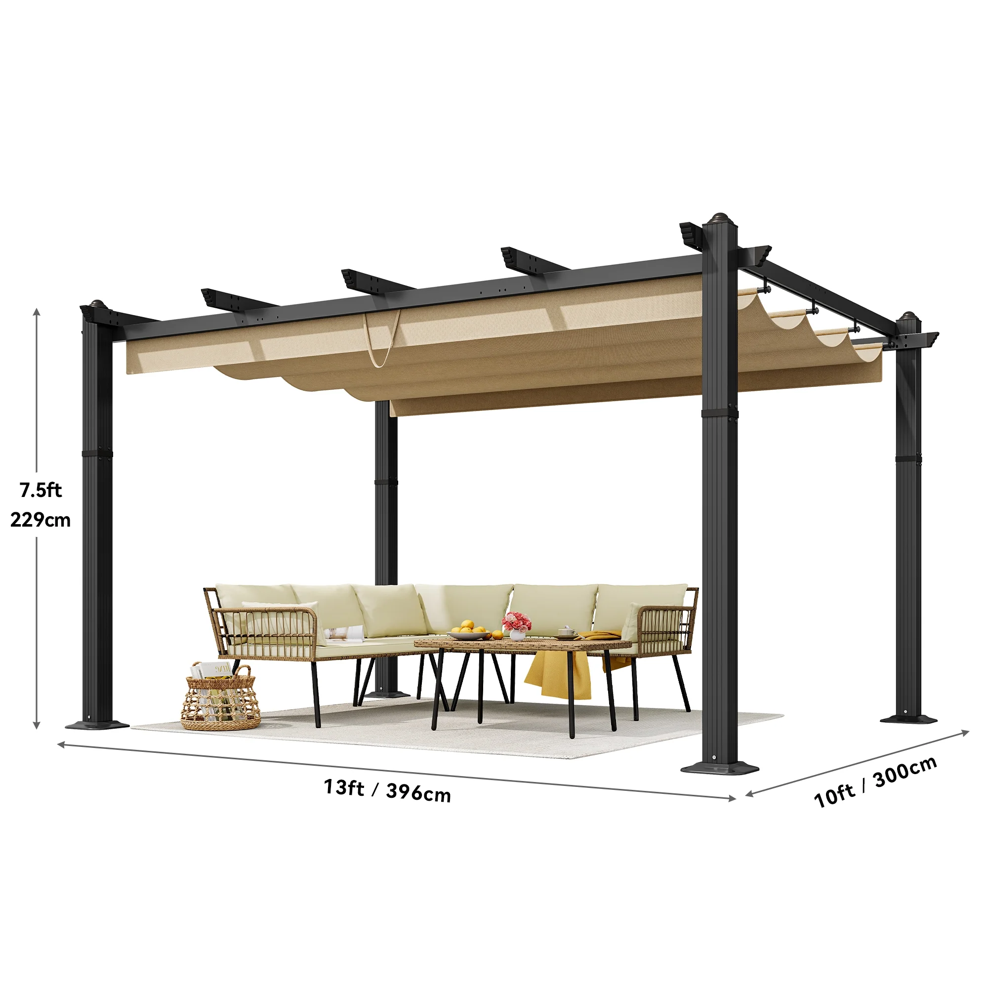 Dextrus 10x13ft Outdoor Aluminum Pergola, Retractable Pergola Canopy Shelter Grape Trellis With Sunshade,Brown Curtain - Curated Treasures Market