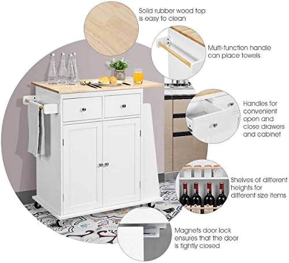 CHGTYS Kitchen Island Cart  Rolling Wood Trolley with  Cabinet  Towel Handle  2 Drawers  Side Spice Rack and Wine Bottle Rack  Kitchen Cart on Wheels  Rubber Wood Countertop (Black) - Curated Treasures Market