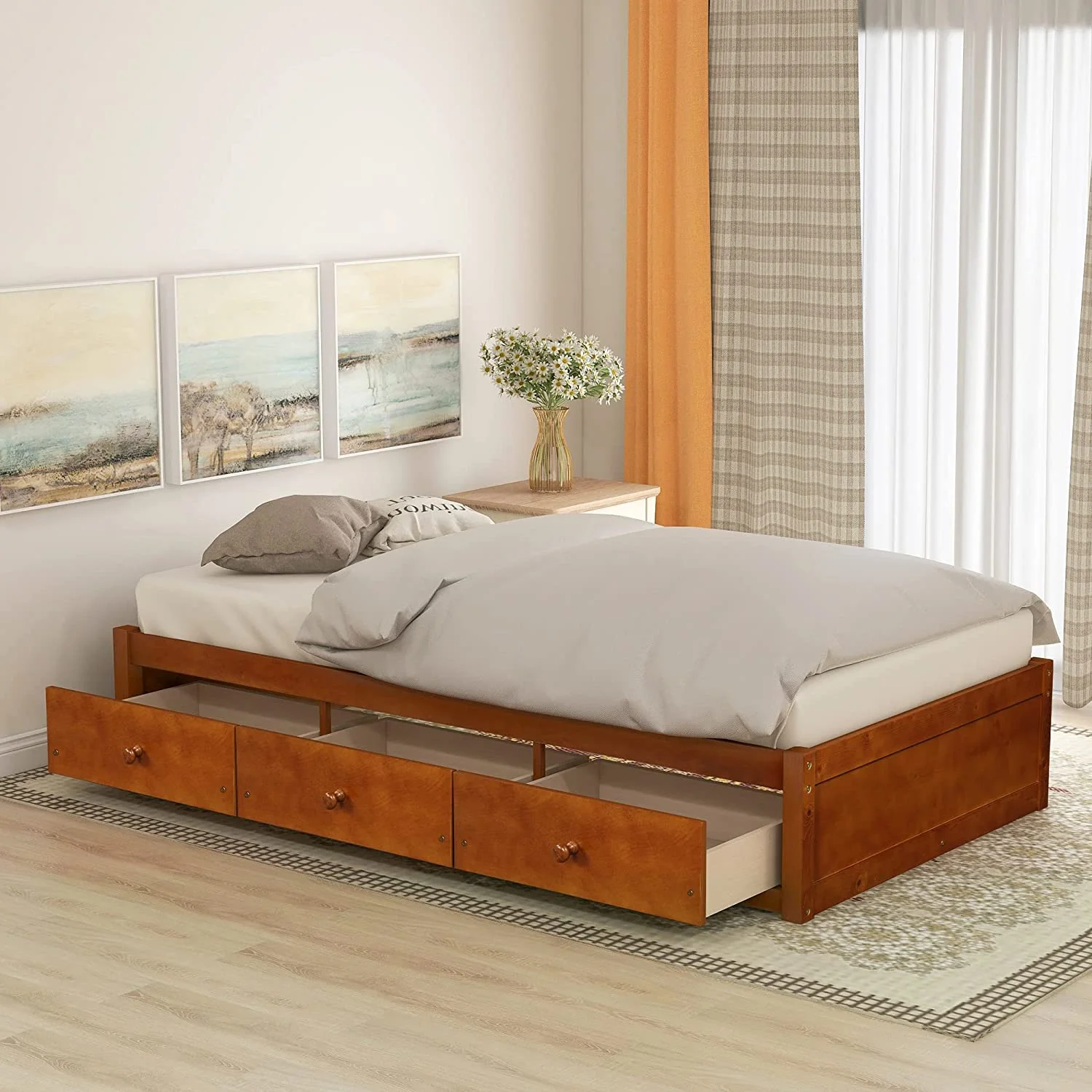 Storage Bed Wood Bed Frame With Wood Slat Support Without Headboard