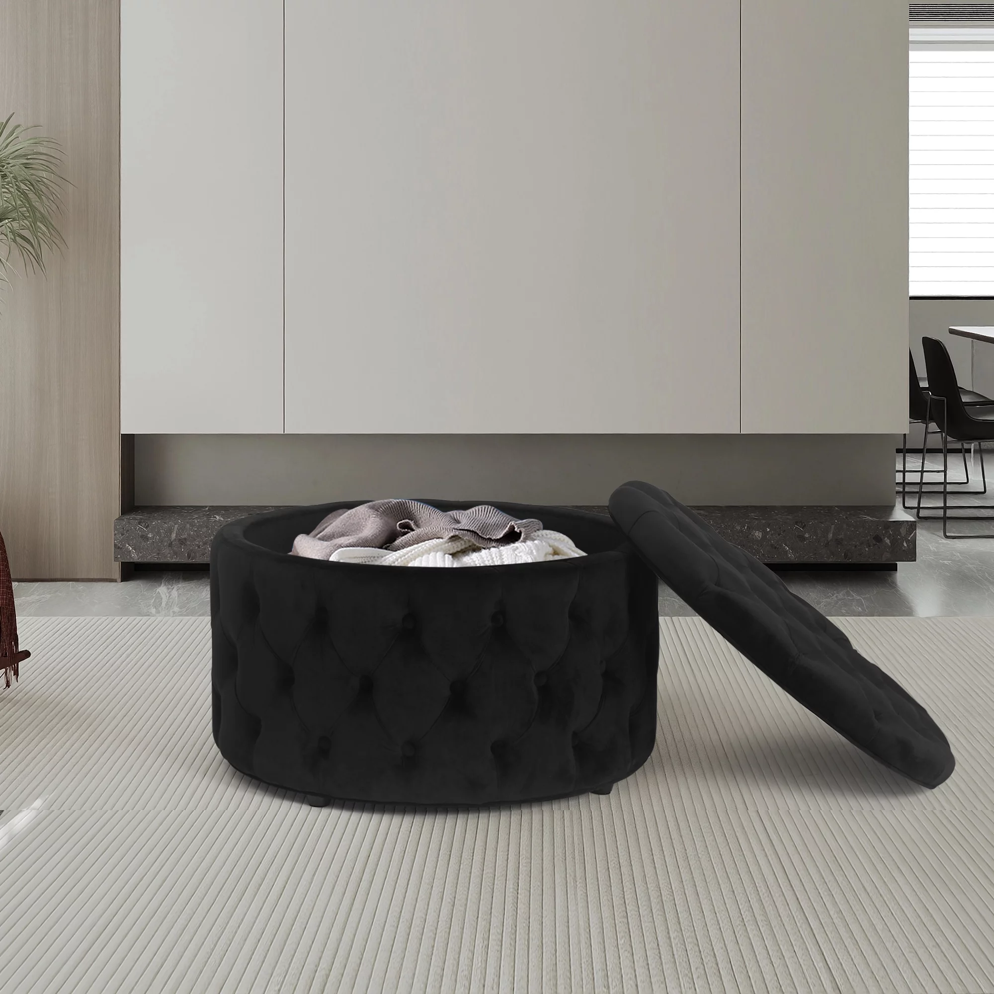 Homebeez Round Storage Ottoman Button Tufted Footrest Stool Coffee Table Children Sofa Stool,Black - Curated Treasures Market