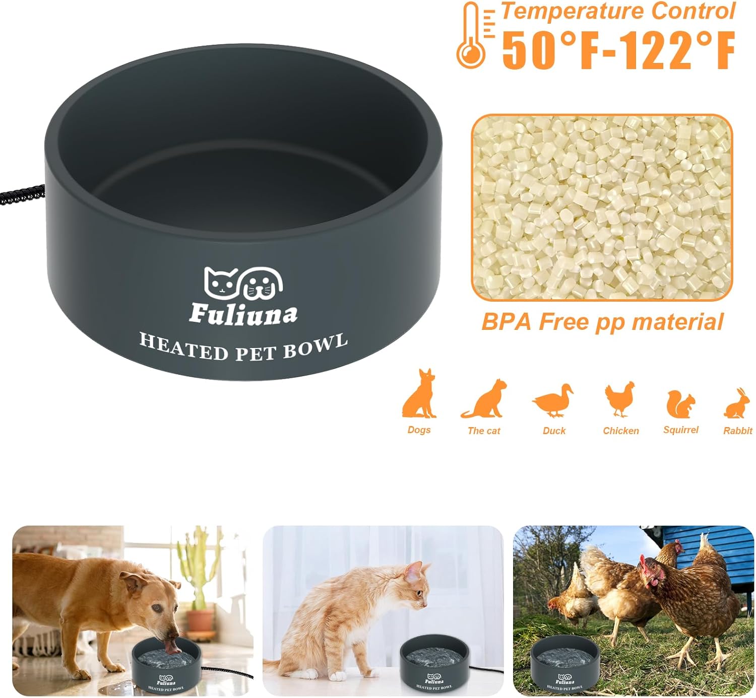 Outdoor Heated Pet Bowl with Chew Resistant Cord, Thermal Bowl Provides Drinkable Water in Winter for Dogs, Cats, Rabbits, Chickens, Ducks - 0.85 Gallon